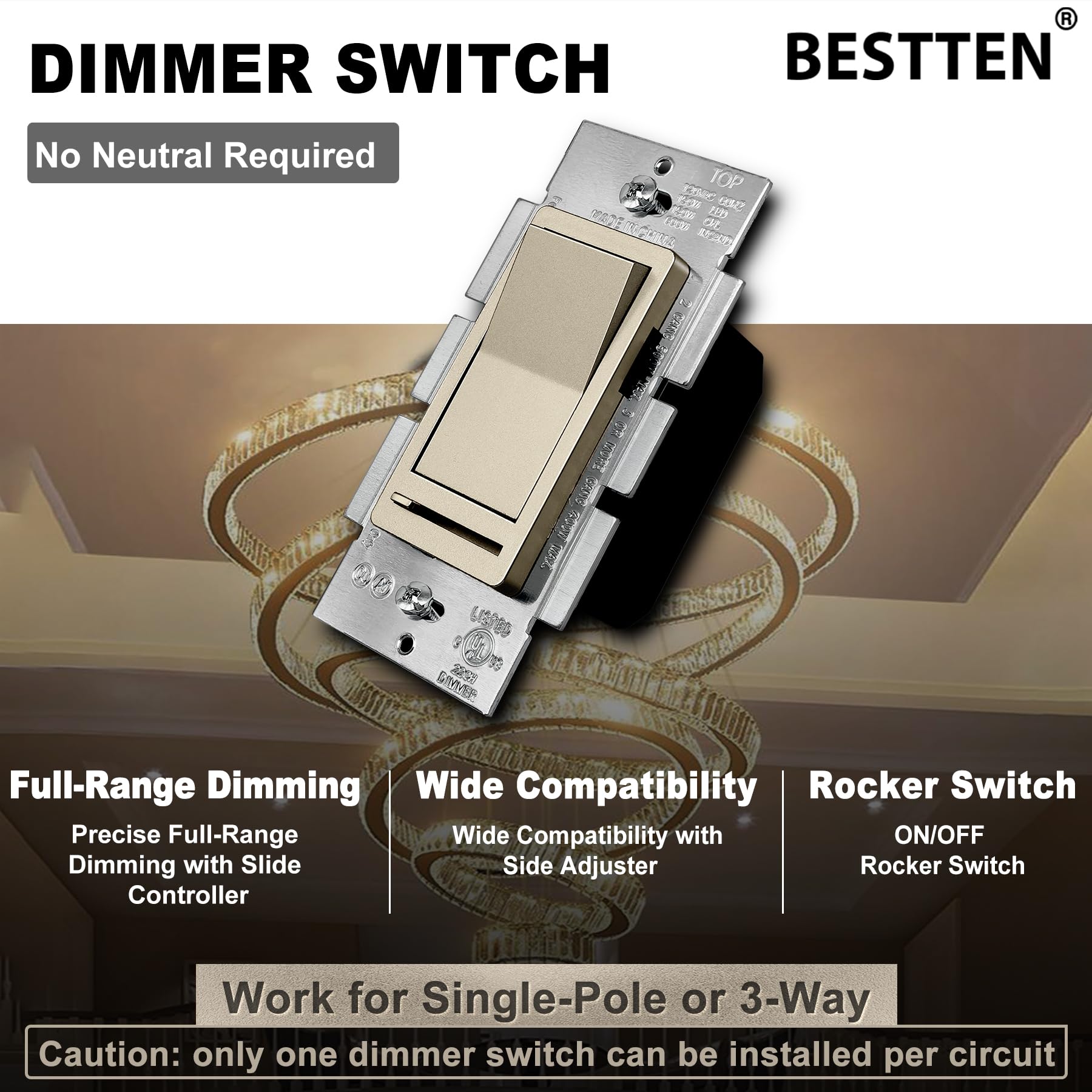 BESTTEN 10 Pack Matte Champagne Gold Dimmer Light Switch - Single Pole/3-Way - Works with Dimmable LED, CFL, Incandescent & Halogen Bulbs - 120VAC - UL Listed - Perfect for Living Room, Bedroom & Dining Room Lighting Control