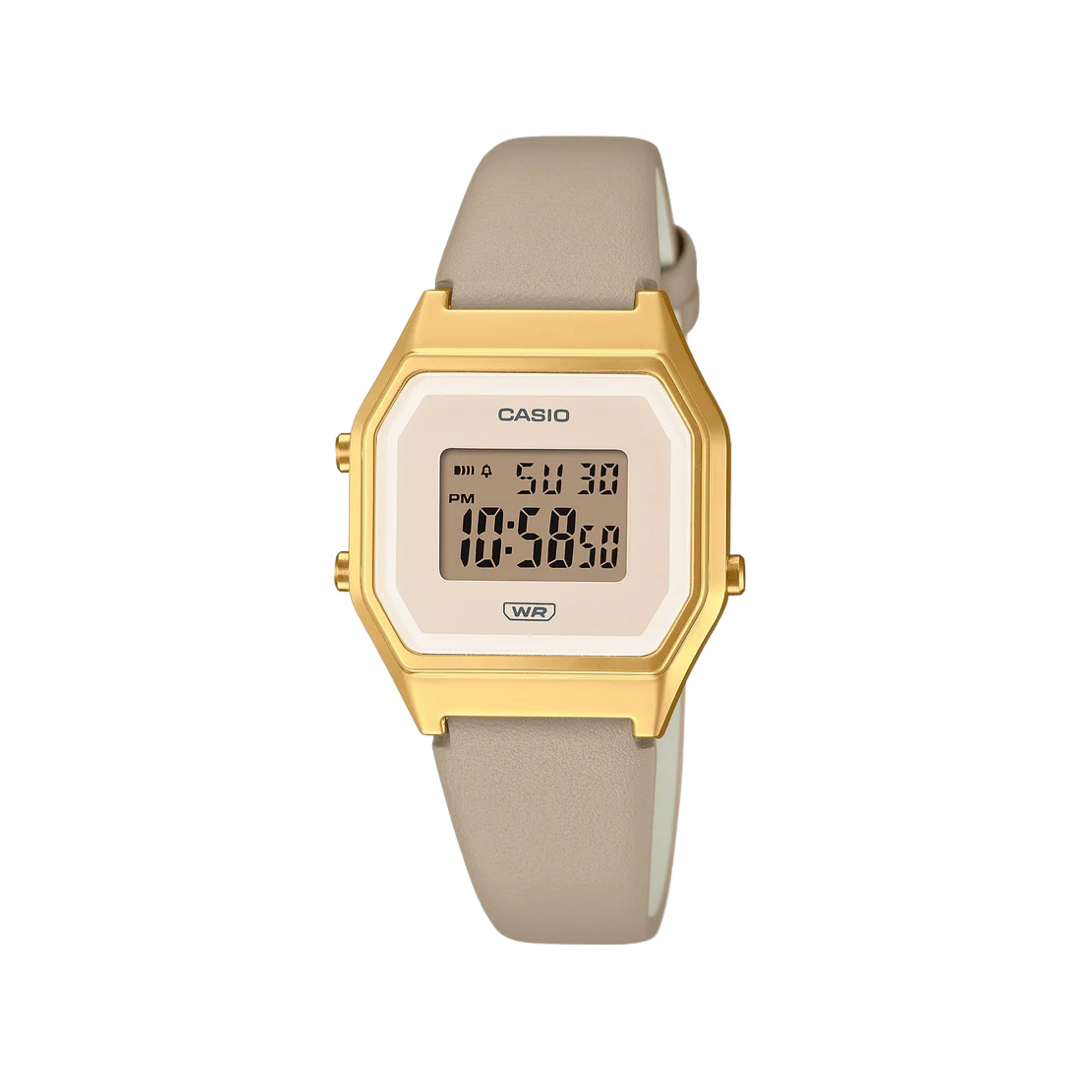 Casio Women's Digital Stopwatch with Gold Trim & Light Brown Leather Strap - Perfect for Running, Swimming, and Sports Training