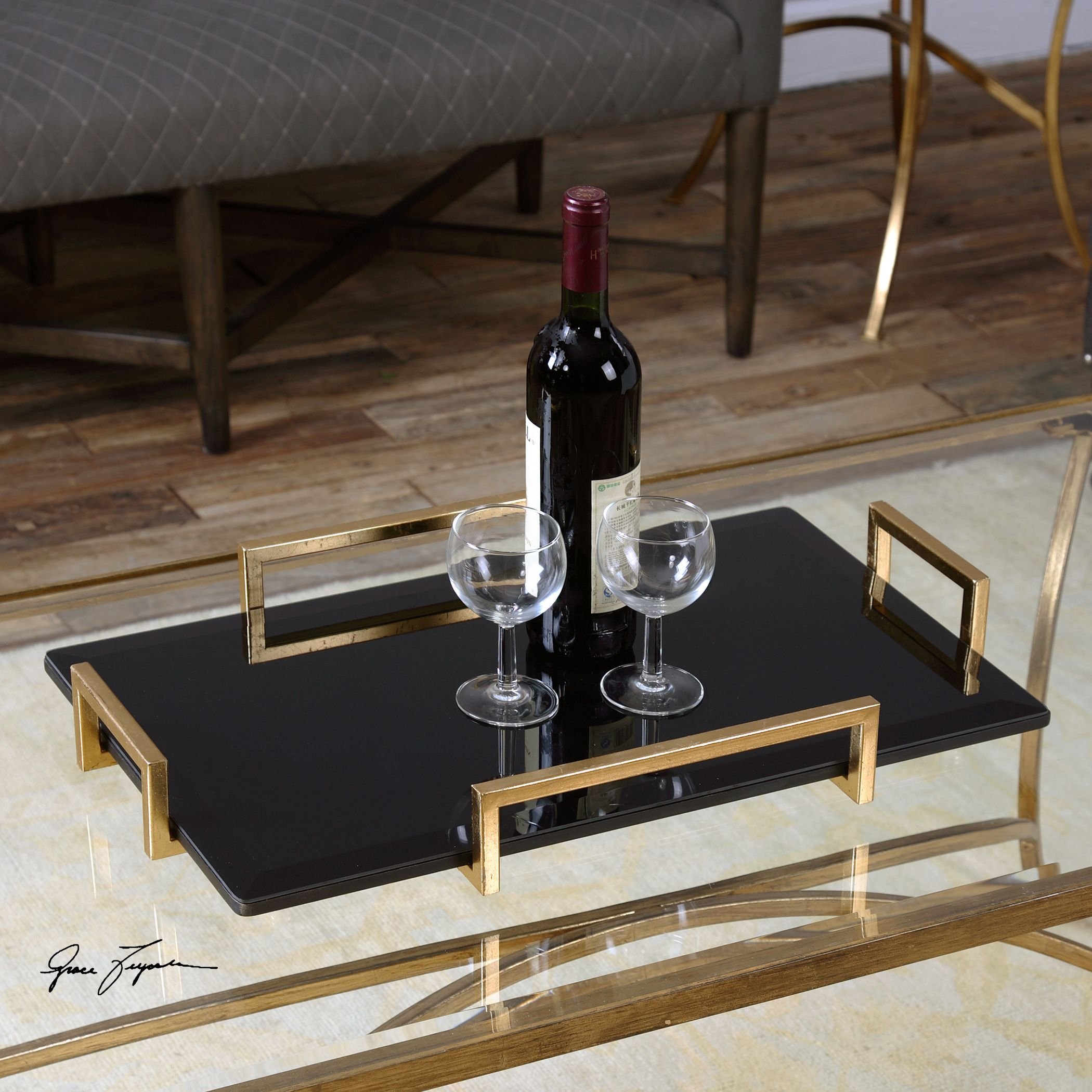 Modern Black Gold Decorative Serving Tray with Handles - Contemporary Glass & Iron Tray for Coffee Table, Dining, and Gift Giving