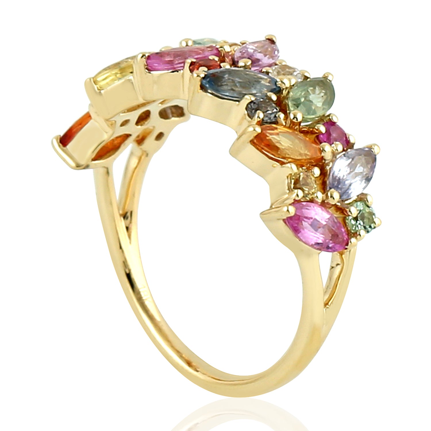 Exquisite 18K Yellow Gold Marquise Cut Multicolor Sapphire Designer Band Ring for Women | Elegant Jewelry Gift for Anniversary, Engagement & Special Occasions