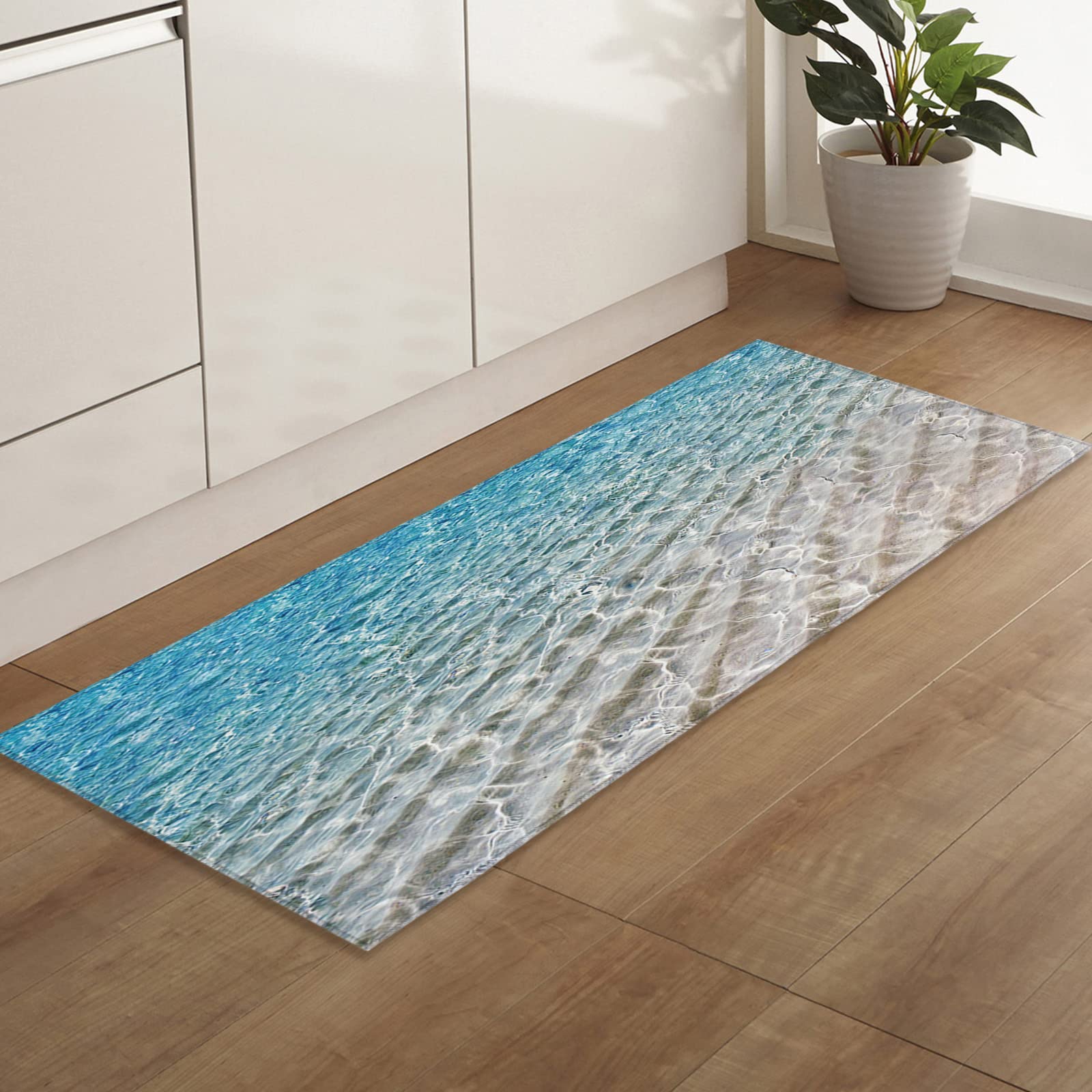 Non-Slip Absorbent Doormat 20x47 Inch - Soft TPR Backing Indoor/Outdoor Entrance Rug with Blue Gradient Wave Design - Perfect for Front Door, Back Door, Summer Beach House & High-Traffic Areas