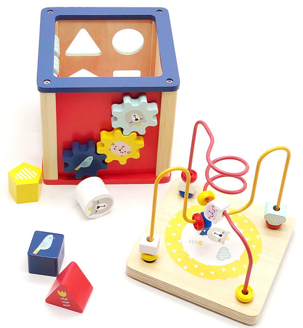 LEO & FRIENDS 5-in-1 Activity Cube Wooden Toys for 1-2 Year Old Girls, Montessori Bead Maze & Shape Sorter, Preschool Learning Toys for 12-18 Months, Perfect for Home, Daycare & Travel