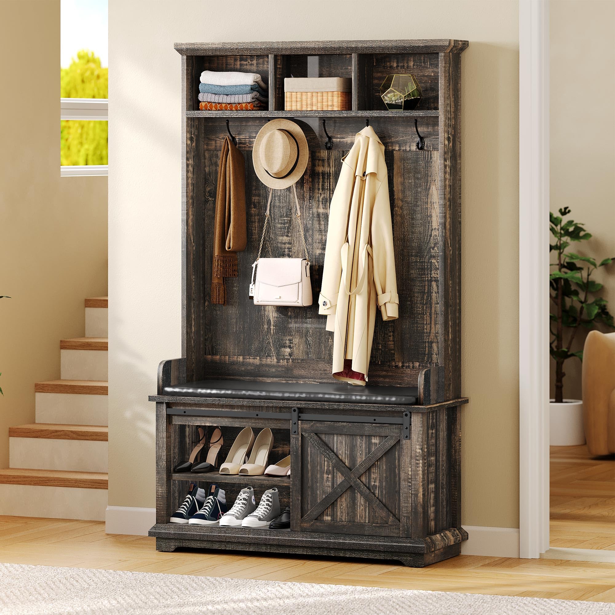 YITAHOME Hall Tree with Shoe Bench & Coat Rack - Rustic Oak Entryway Organizer with Storage Cabinet | Perfect for Hallway, Bedroom & Living Room | Space-Saving Furniture for Small Homes & Apartments