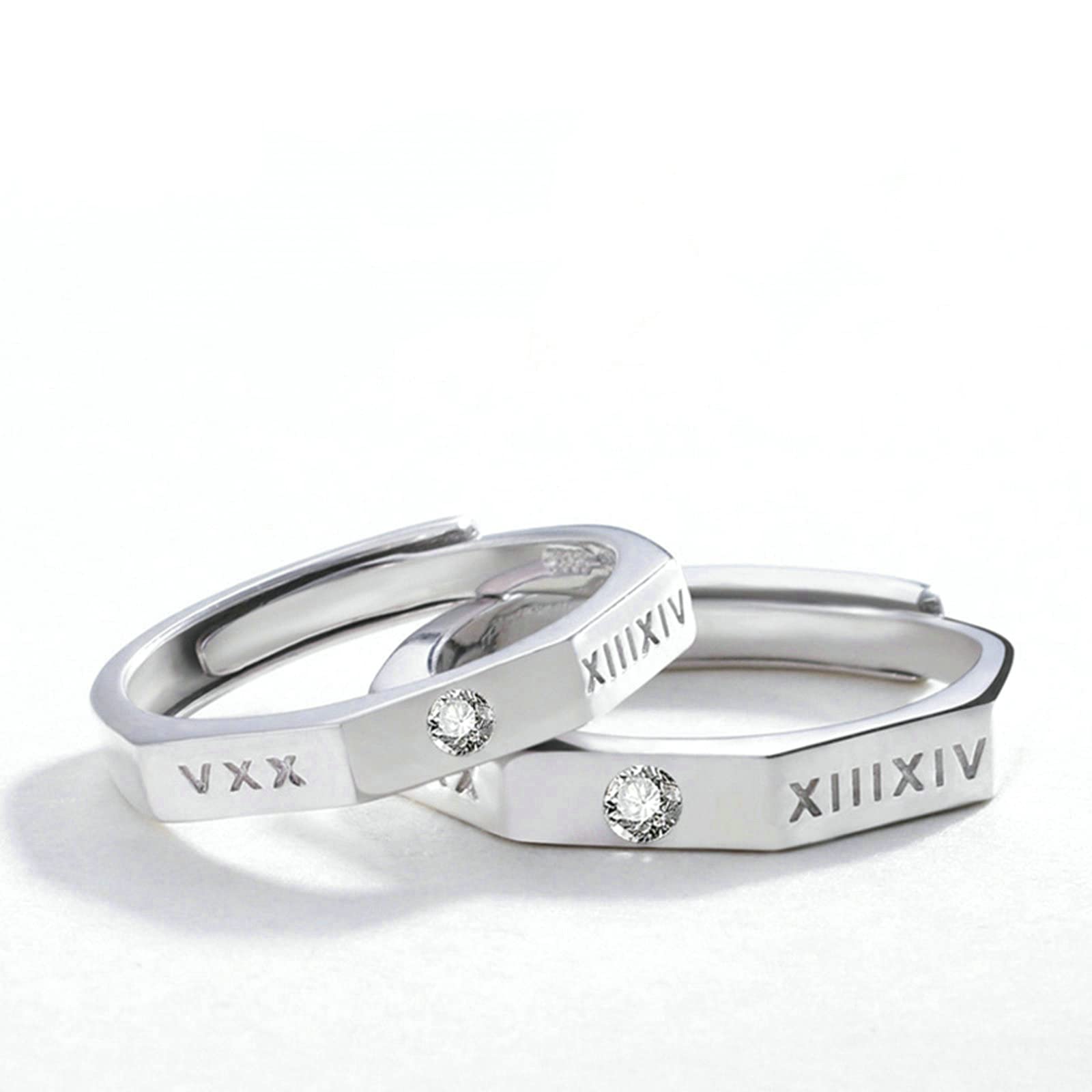 Personalized Sterling Silver Couple Engagement Rings with Roman Numerals & Cubic Zirconia - Adjustable Wedding Bands for Him & Her - Perfect for Anniversaries, Proposals, and Romantic Gifts