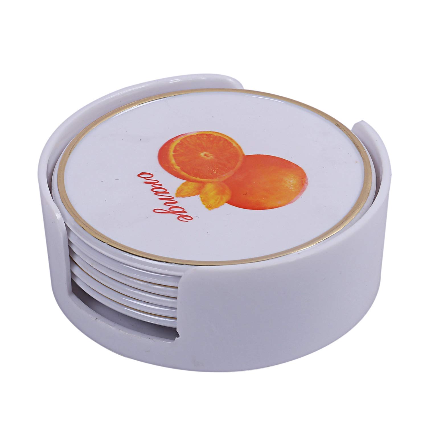 Kuber Industries 6-Piece White Tea Coaster Set with Stand - Elegant Orange Design for Hot & Cold Beverages - Perfect for Kitchen, Dining Table, Office Desk, and Home Decor