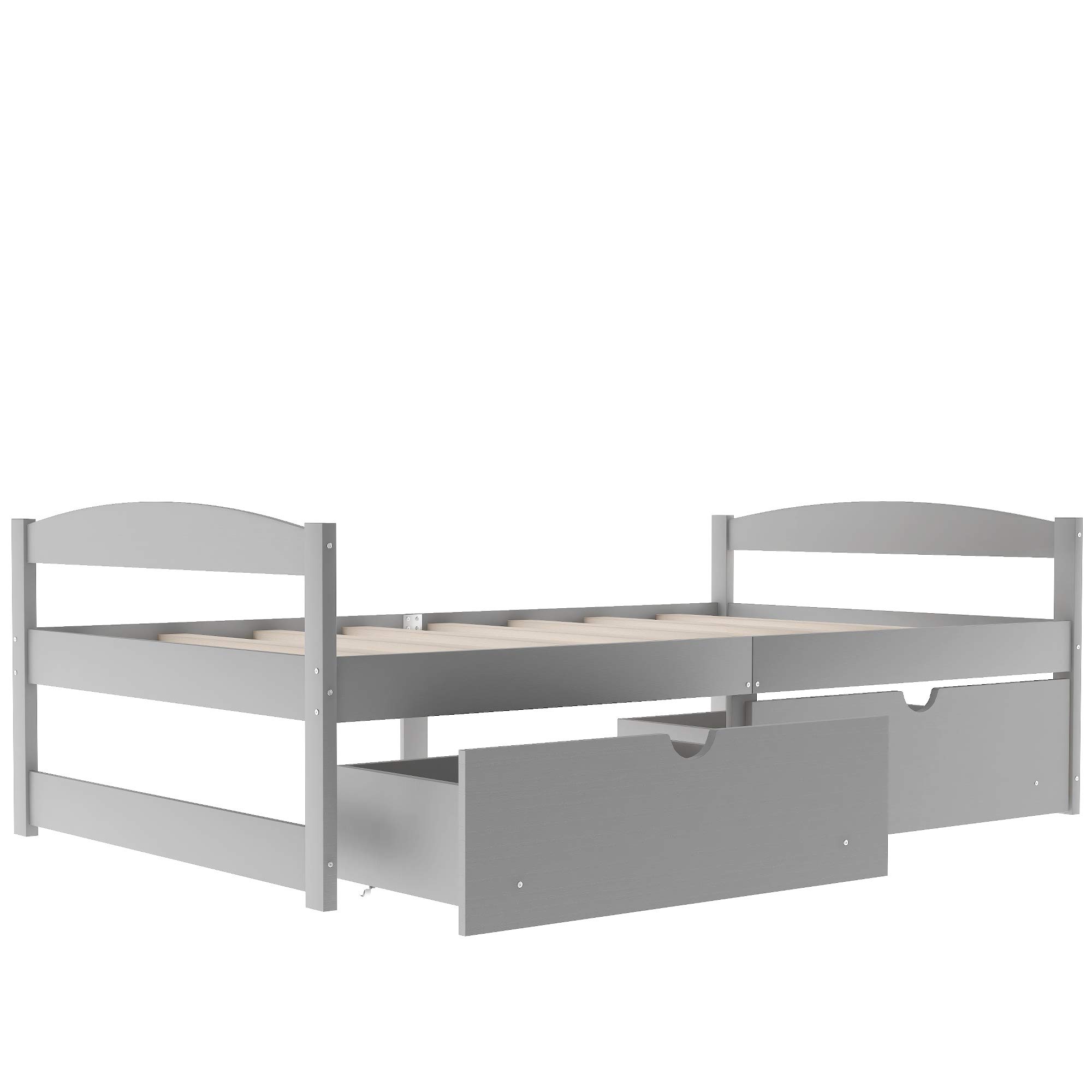 Knocbel Twin Bed Frame with 2 Storage Drawers - Solid Wood Platform Bed with Headboard & Footboard, 8-Slat Mattress Foundation - 250lbs Weight Capacity (Gray) - Perfect for Small Bedrooms, Guest Rooms & Kids' Rooms