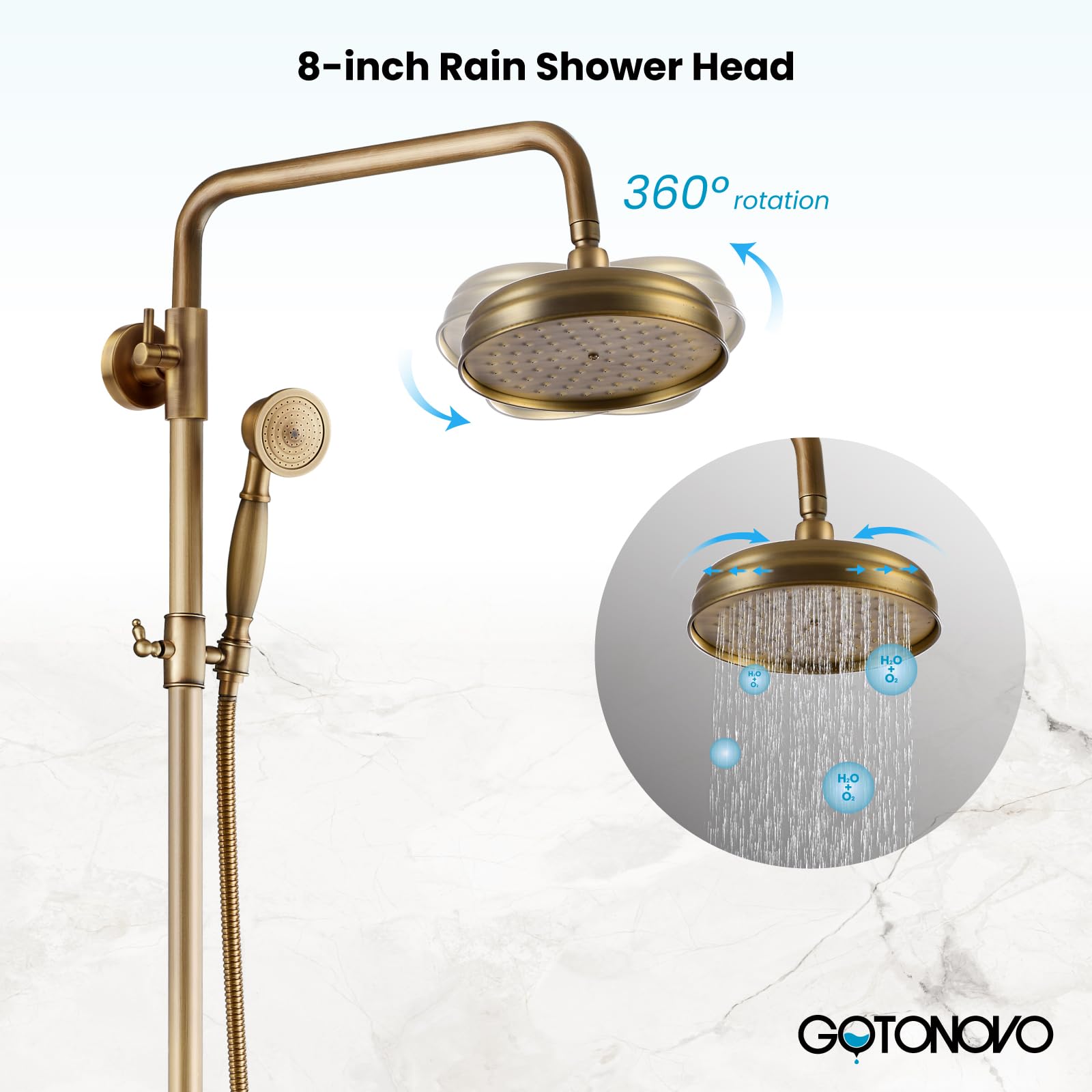 Gotonovo 8-Inch Rainfall Shower Head with Handheld Spray & Tub Spout - 3-Function Wall Mounted Antique Brass Bathroom Faucet Set with Shower Shelf - Perfect for Vintage Style Bathrooms & Spa-Like Showers