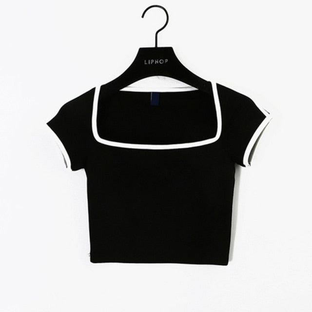 Sexy French High Waist Short Sleeve T-Shirt for Women - Big Neckline Collarbone Bubble Top - Perfect for Date Night, Club Outfits & Summer Fashion