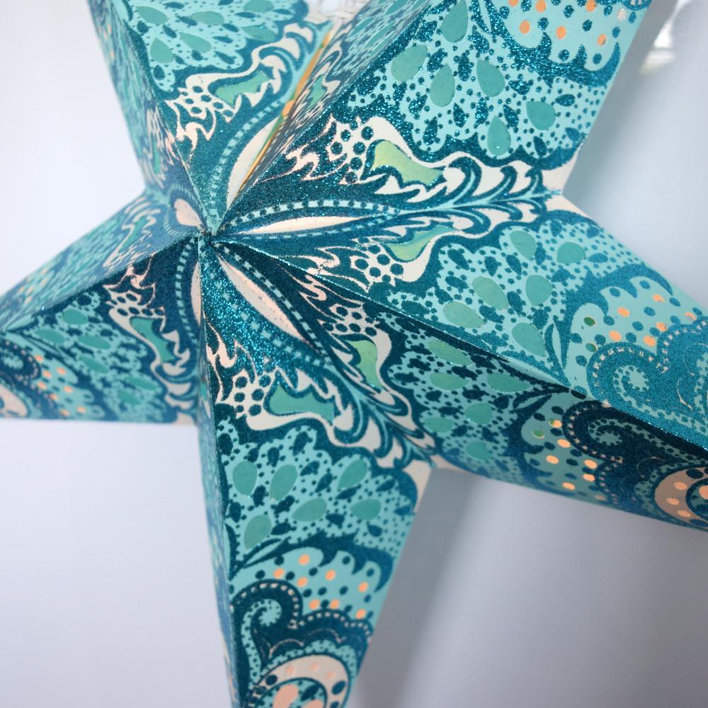 24 Pack Turquoise Blue Rain Glitter Paper Star Lanterns - Hanging Wedding Party Decorations for Indoor Outdoor Events, Baby Showers & Birthday Celebrations