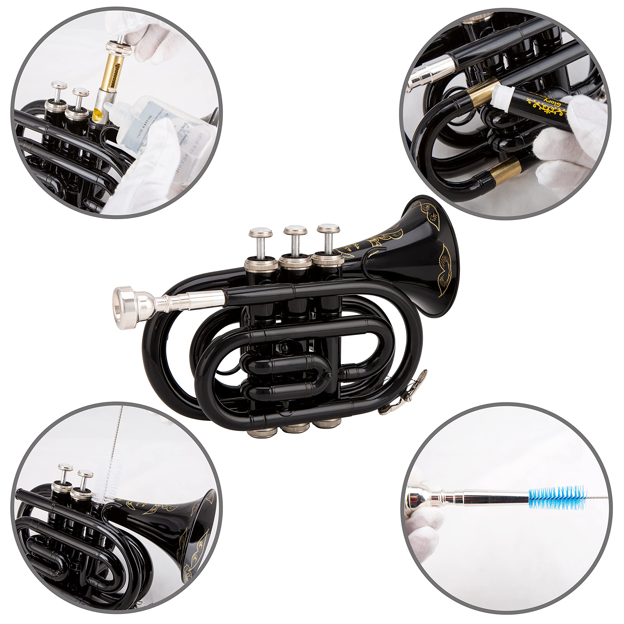Glory Bb Pocket Trumpet with Hard Case - Professional Compact Brass Instrument for Travel & Practice | Includes Cleaning Cloth & Gloves | Perfect for Jazz, Beginners & Street Performers (Black)