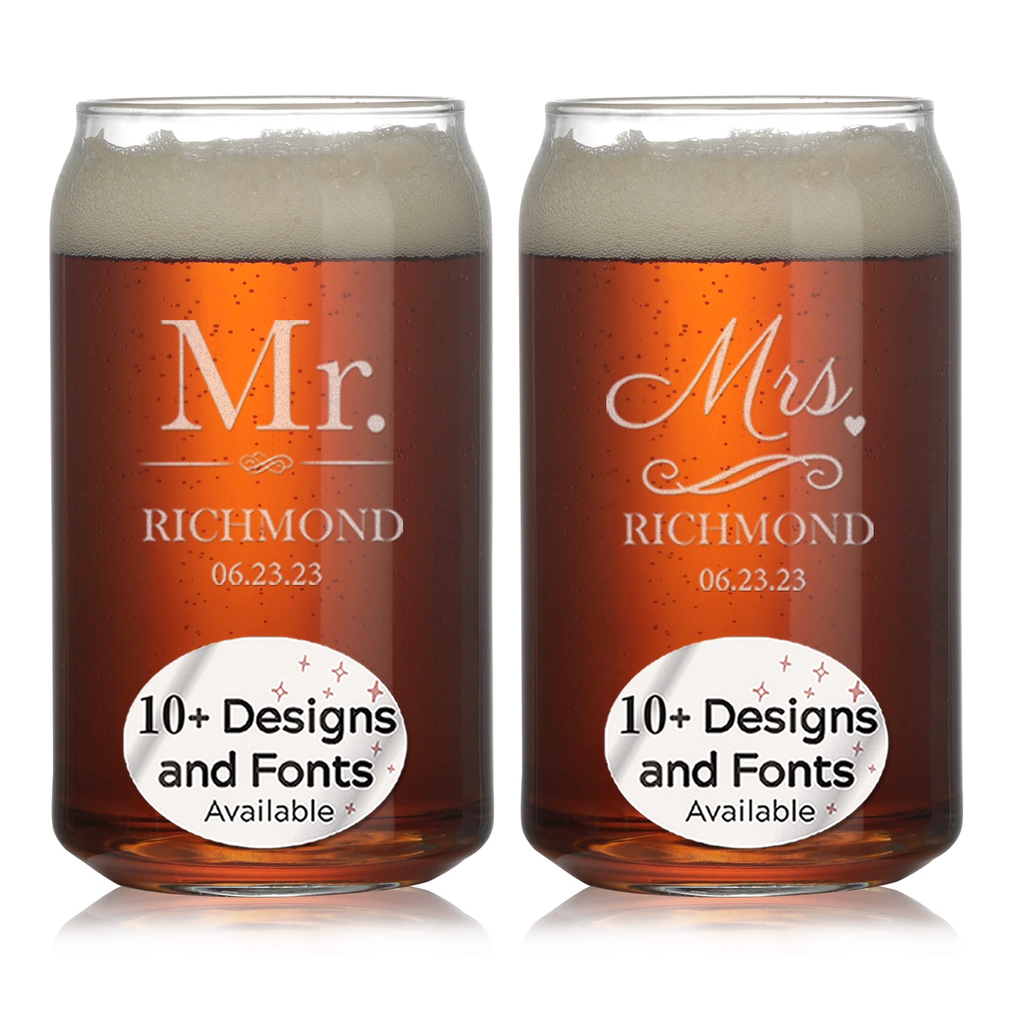 Personalized Mr and Mrs Beer Glasses Set of 2 - Bride and Groom Wedding Gift, Engagement Gift for Couples - Perfect for Anniversary Celebrations, Bridal Showers, and Newlywed Toasts