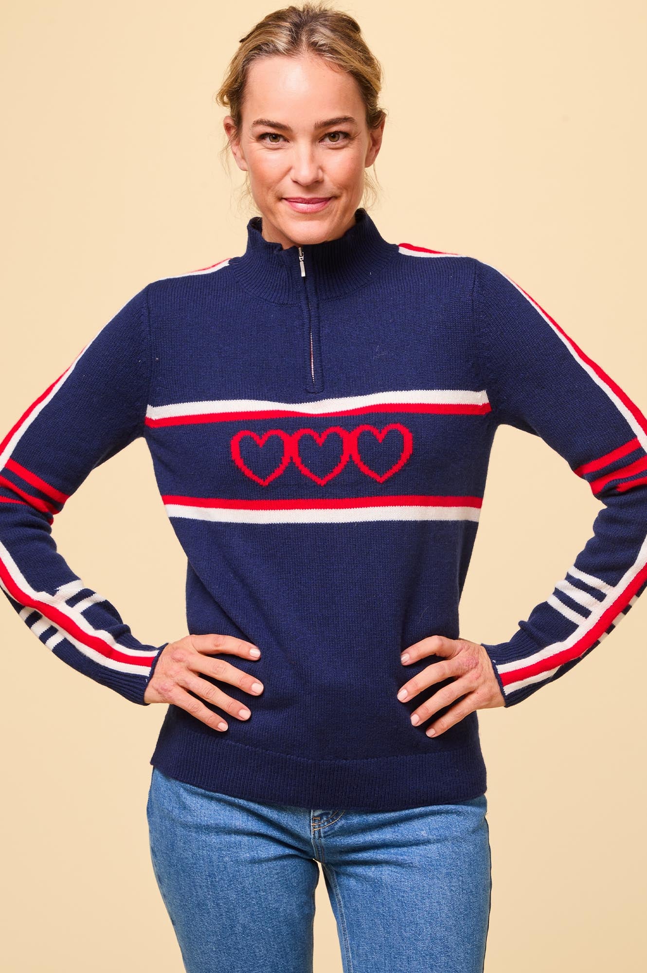 Merino Wool Striped Hearts Quarter Zip Sweater - Navy, Cream, Red | Cozy Winter Pullover for Women & Men | Perfect for Casual Outfits, Outdoor Activities & Layering