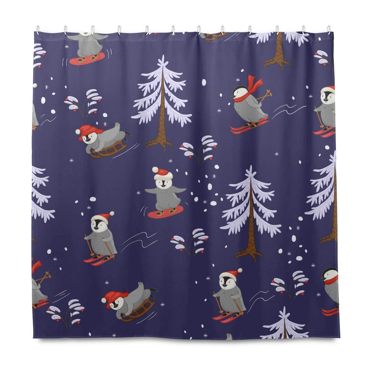 Christmas Skiers & Cute Penguins Shower Curtain 72x72 Inch - Waterproof Bathroom Decor with Hooks for Holiday Bathroom, Dorm, School Shower - Perfect for Christmas Home Decoration & Gift