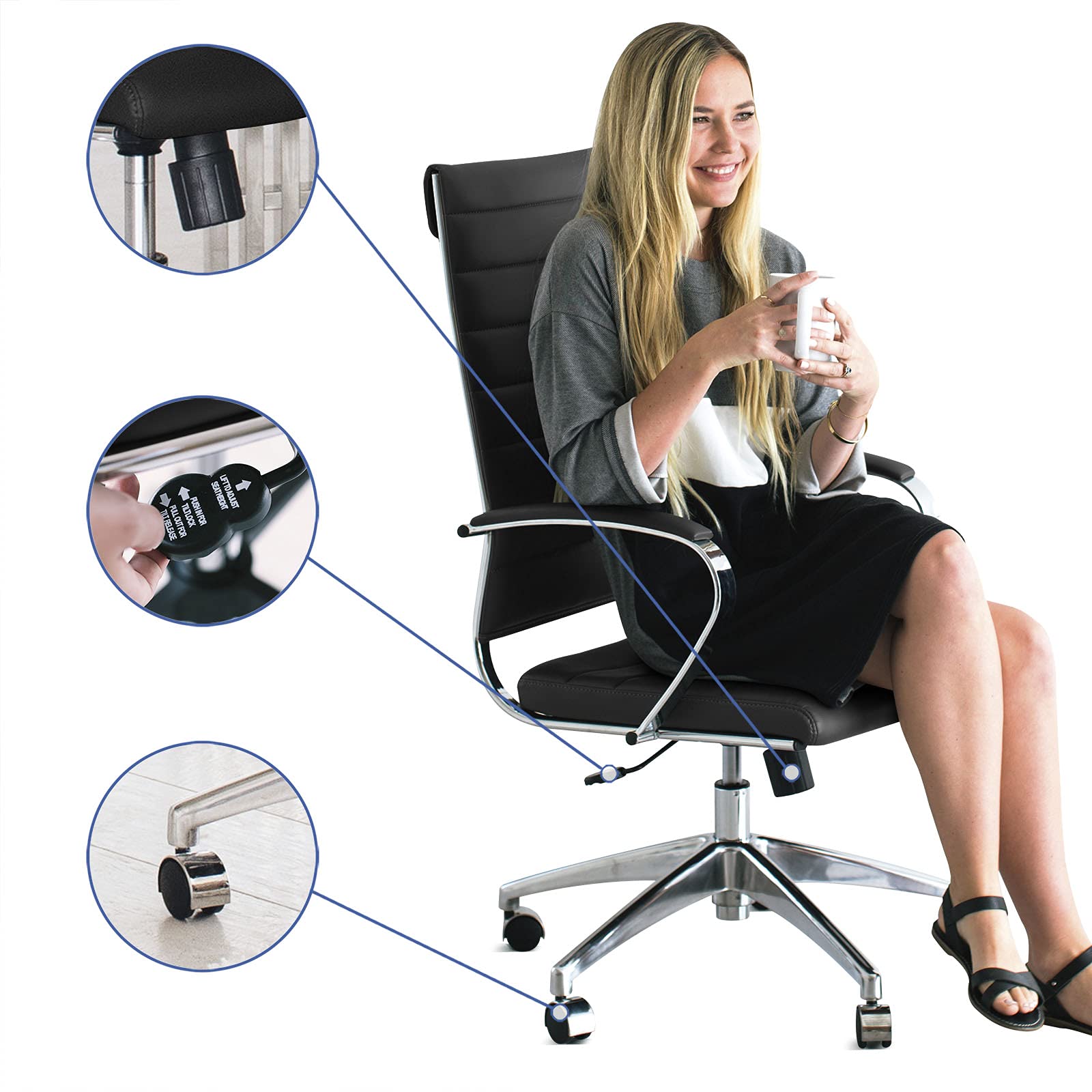 Modway Jive Ribbed High Back Executive Swivel Office Chair with Arms - Ergonomic Black Desk Chair for Home & Office Workspace, Conference Room, Gaming Setup