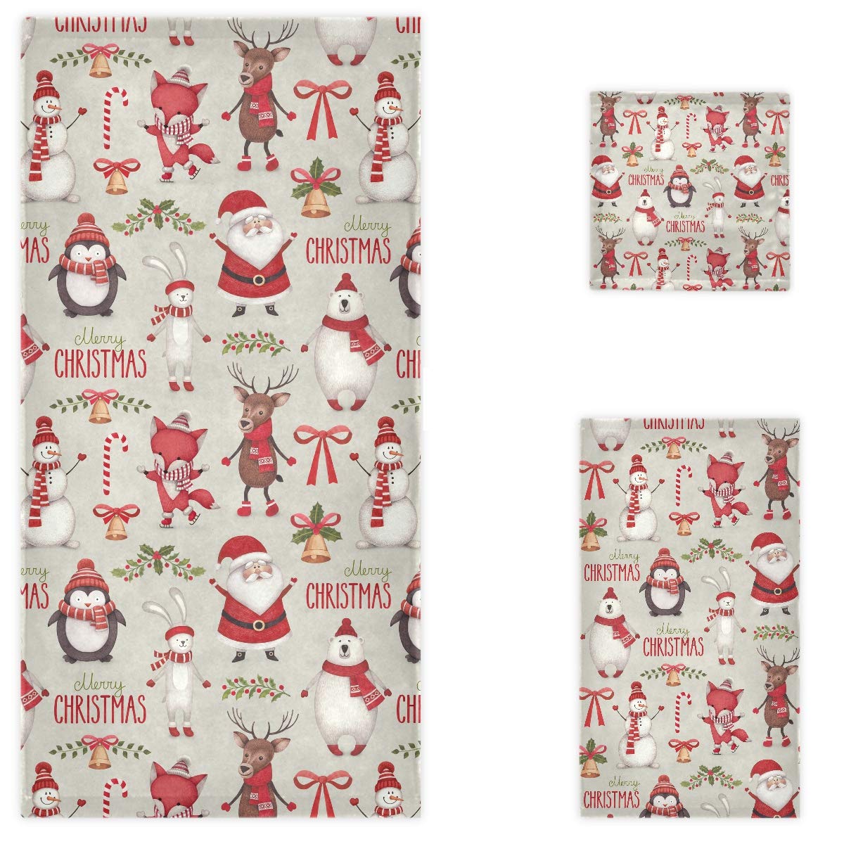 Santa Snowman Reindeer Christmas Soft Decorative Towel Set - 1 Bath Towel, 1 Hand Towel & 1 Washcloth | Perfect for Holiday Bathroom Decor, Hotel, Gym, Spa & Kitchen Use