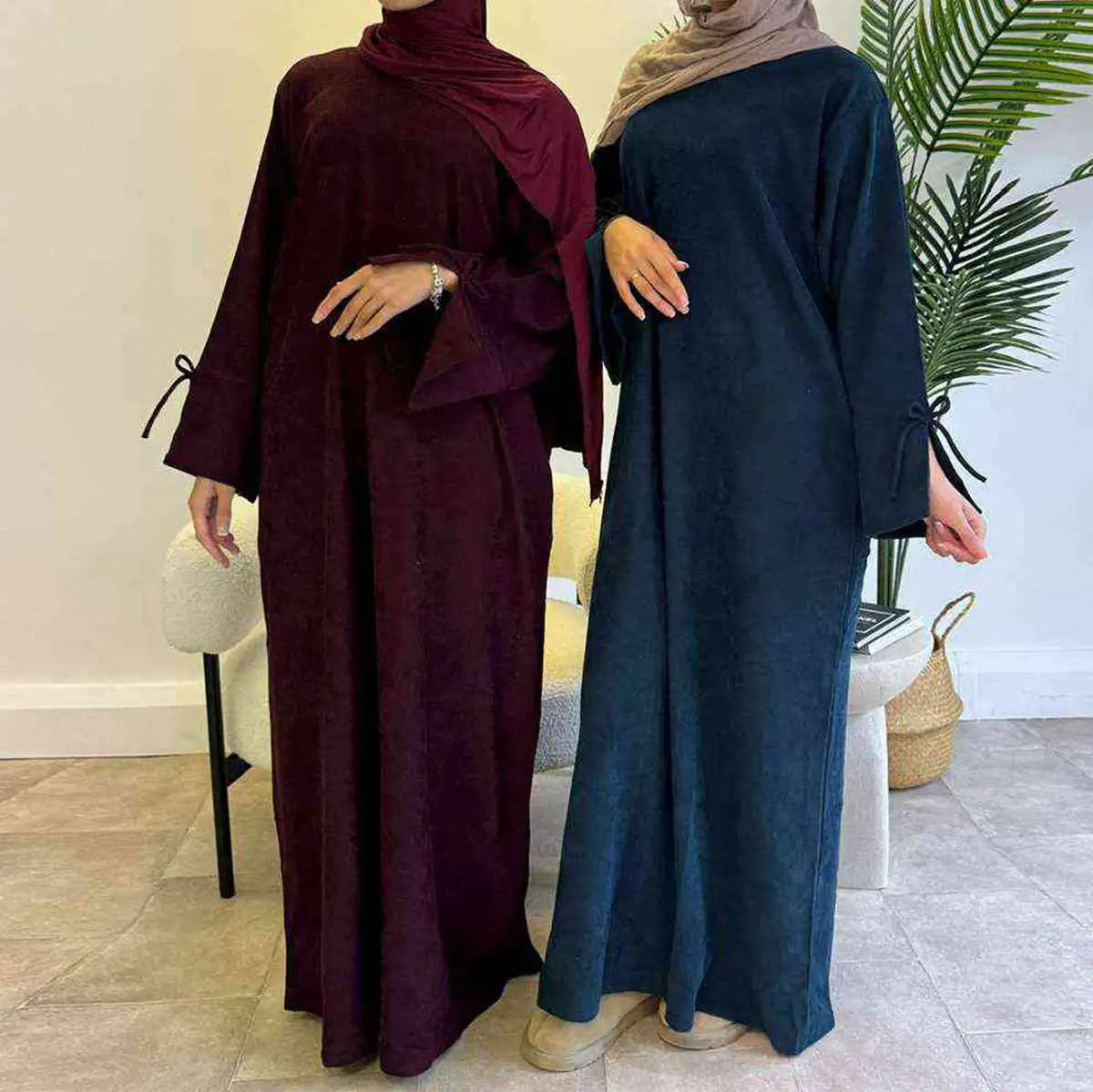 Elegant Bowknot Cuff Corduroy Abaya Dress for Women - Winter & Fall Long Sleeve Maxi Dress #24925 | Perfect for Modest Fashion, Prayer, and Special Occasions