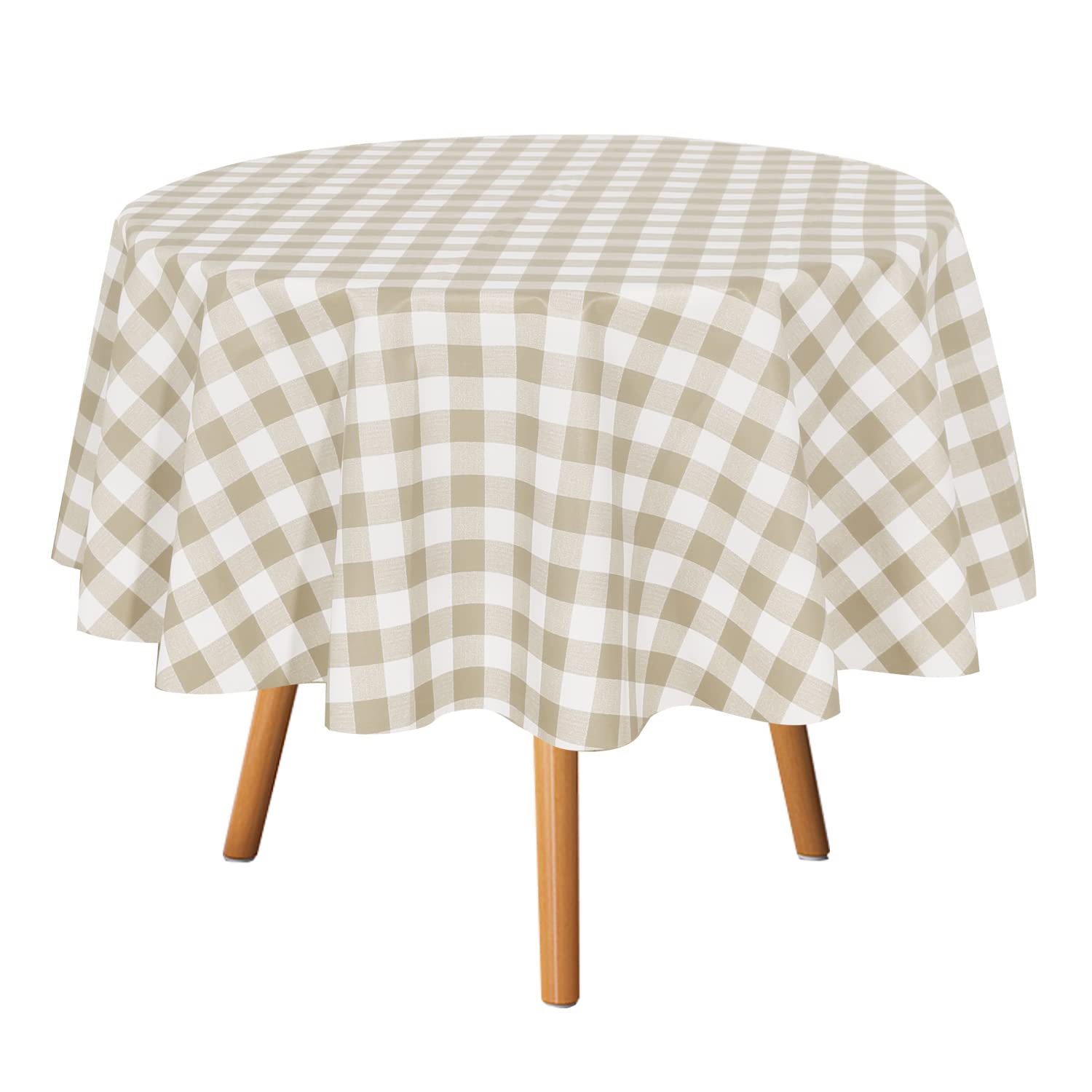 Sancua 70 Inch Checkered Vinyl Round Tablecloth - 100% Waterproof Oil Proof Spill Proof PVC Table Cover for Dining, Buffet Parties, Camping & Outdoor Picnics - Easy Wipe Clean - Taupe & White Design for Kitchen, Restaurant & Patio Use