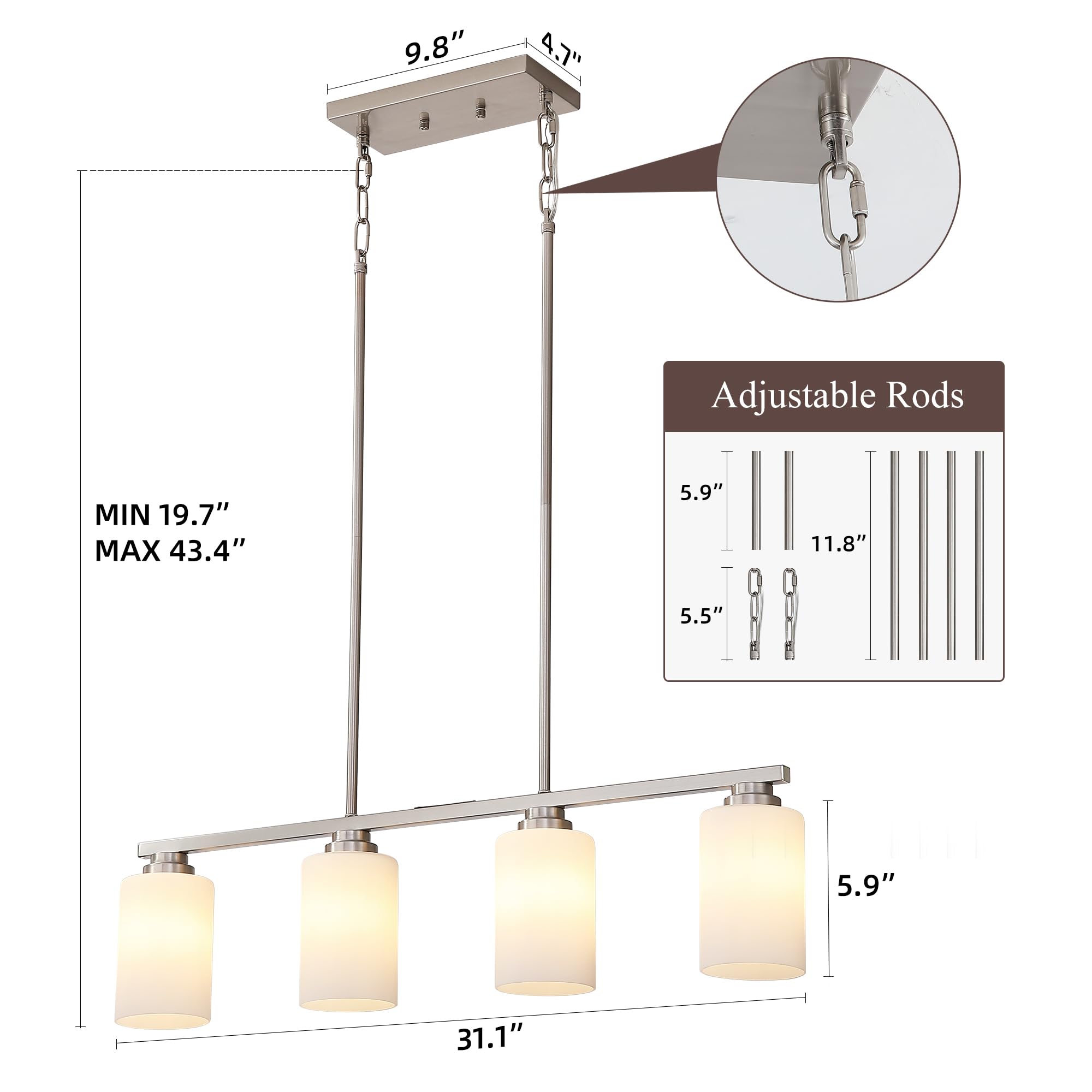 Brushed Nickel 4-Light Linear Chandelier Pendant Lighting with Milk Glass Shade - Modern Island Light Fixture for Kitchen, Dining Room & Living Room - Perfect Over Table, Kitchen Island & Dining Table Areas