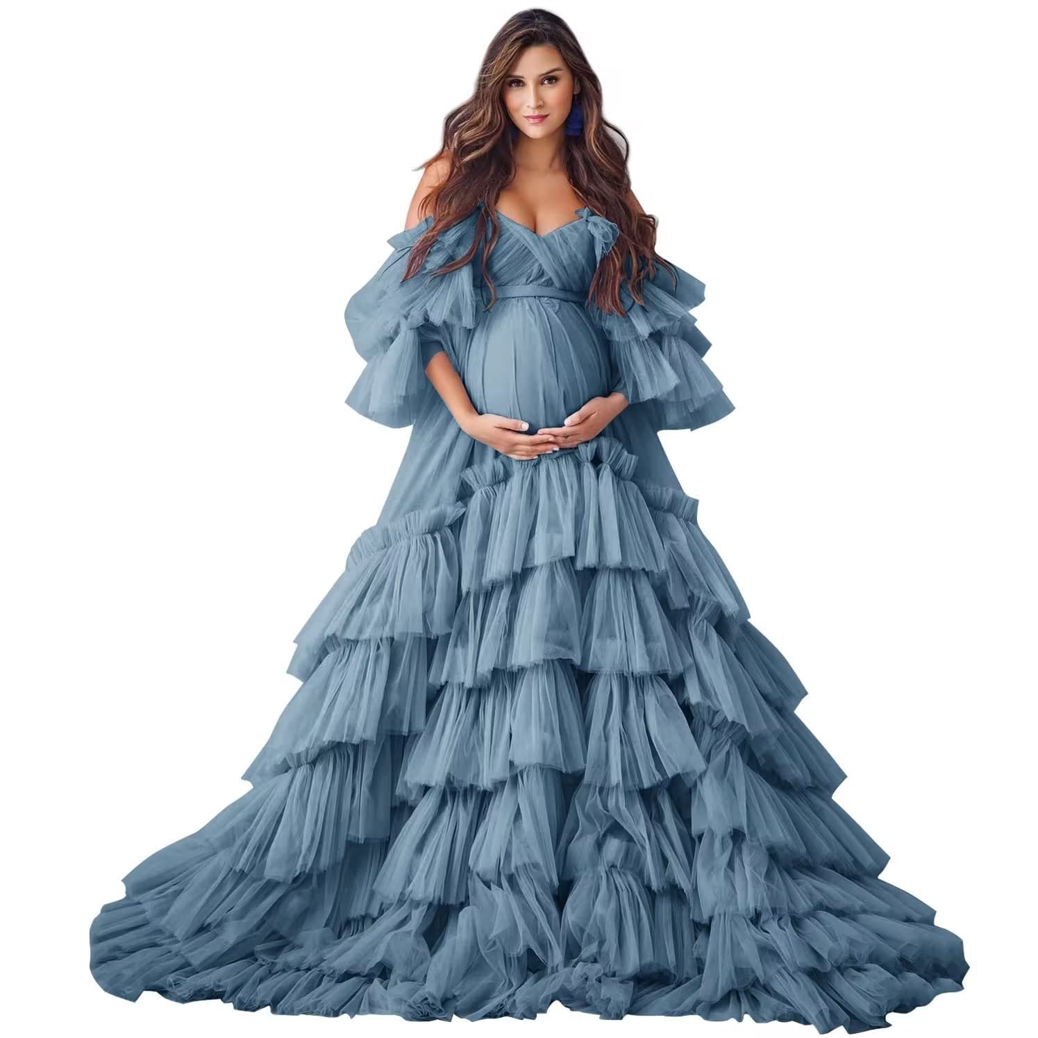 Elegant Ruffles Puffy Tulle Maternity Robe for Photoshoot & Baby Shower - Soft Pregnancy Dress for Maternity Photos, Bridal Shower, and Special Occasions
