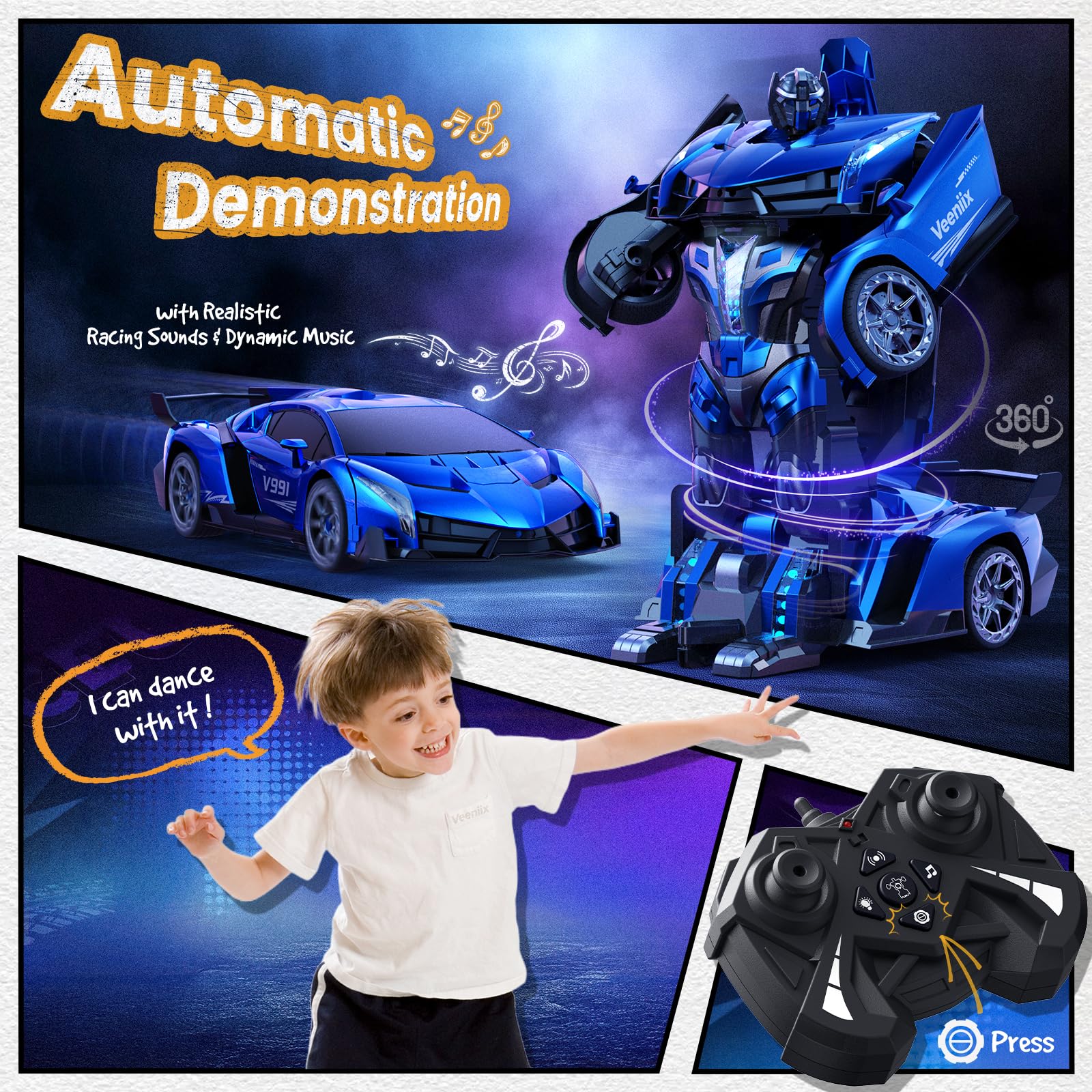 V991 1:10 Scale Transformable Remote Control Car - 2.4GHz Gesture Sensing & One-Key Deformation RC Toy with 2 Rechargeable Batteries (70 Min Playtime) - Best Robot Gift for Boys & Girls (Blue) - Perfect for Indoor Play, Outdoor Racing & STEM Learning