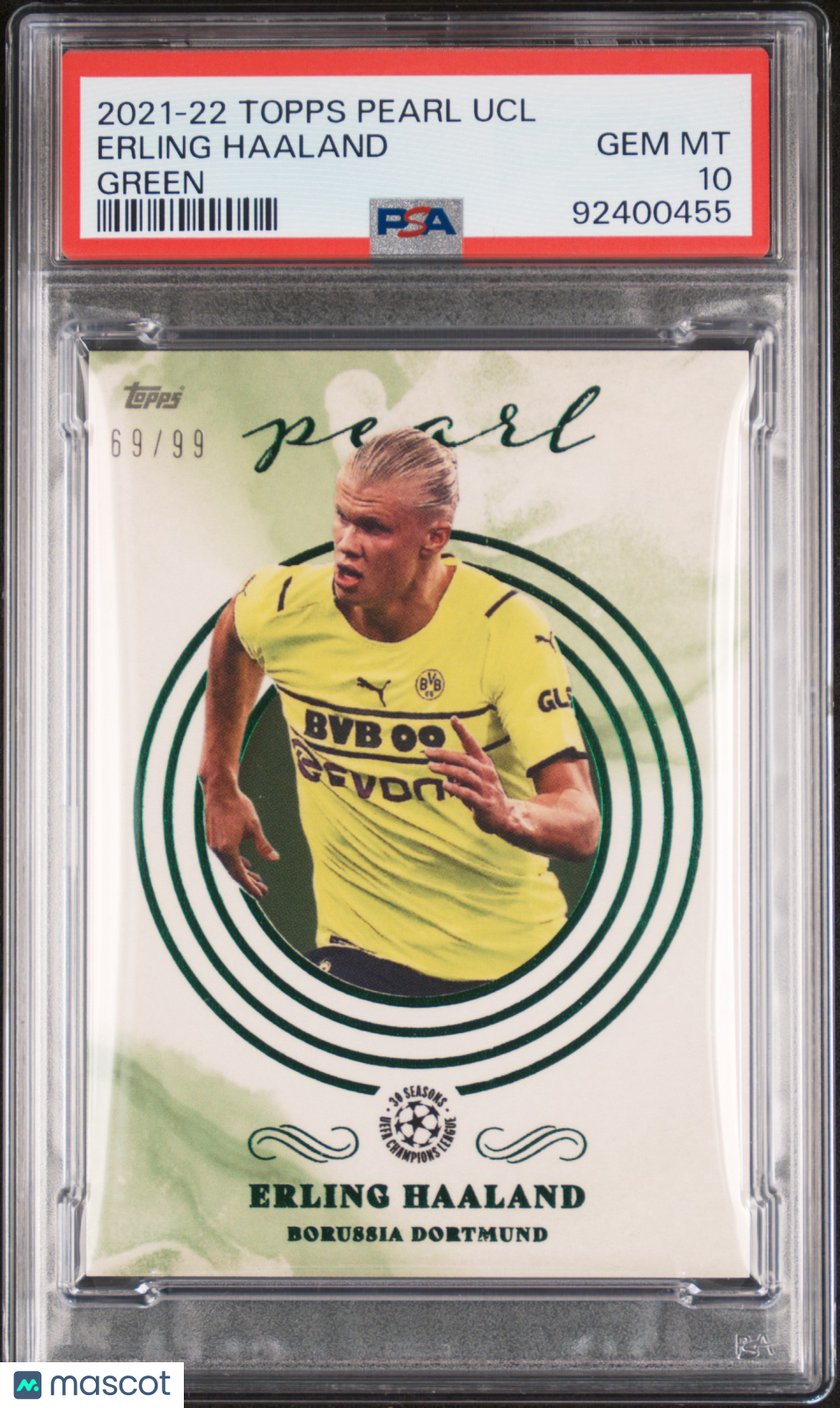 2021-2022 Topps Pearl UEFA Champions League Green Erling Haaland #/99 PSA 10 Gem Mint - Rare Soccer Trading Card for Collectors & Investors - Perfect for Display, Gifts, and Sports Memorabilia Collections