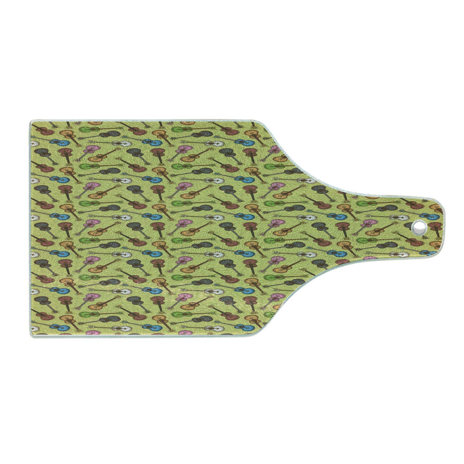 Ambesonne Colorful Guitar Design Tempered Glass Cutting Board - Wooden Acoustic Guitar Sketch Art with Swirled Strings, Decorative Serving Board in Wine Bottle Shape - Perfect for Kitchen Prep, Charcuterie Display & Wine Party Serving