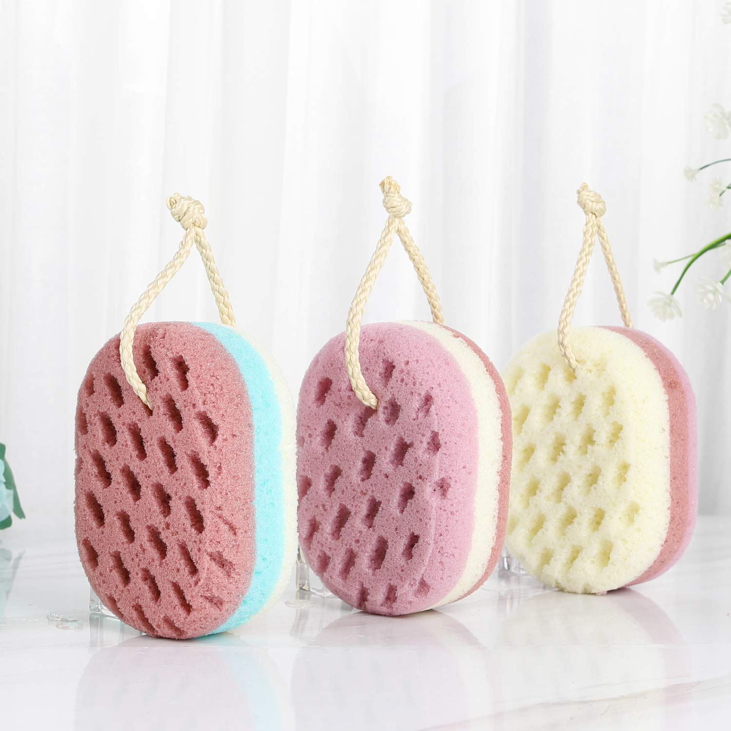 3 Pack Exfoliating Bath Sponges for Women & Men - Soft Loofah Body Scrubber for Adults & Kids - Gentle Shower Sponge for Body Wash & Skin Care - Perfect for Daily Bathroom Use & Travel Accessories (Small Size)