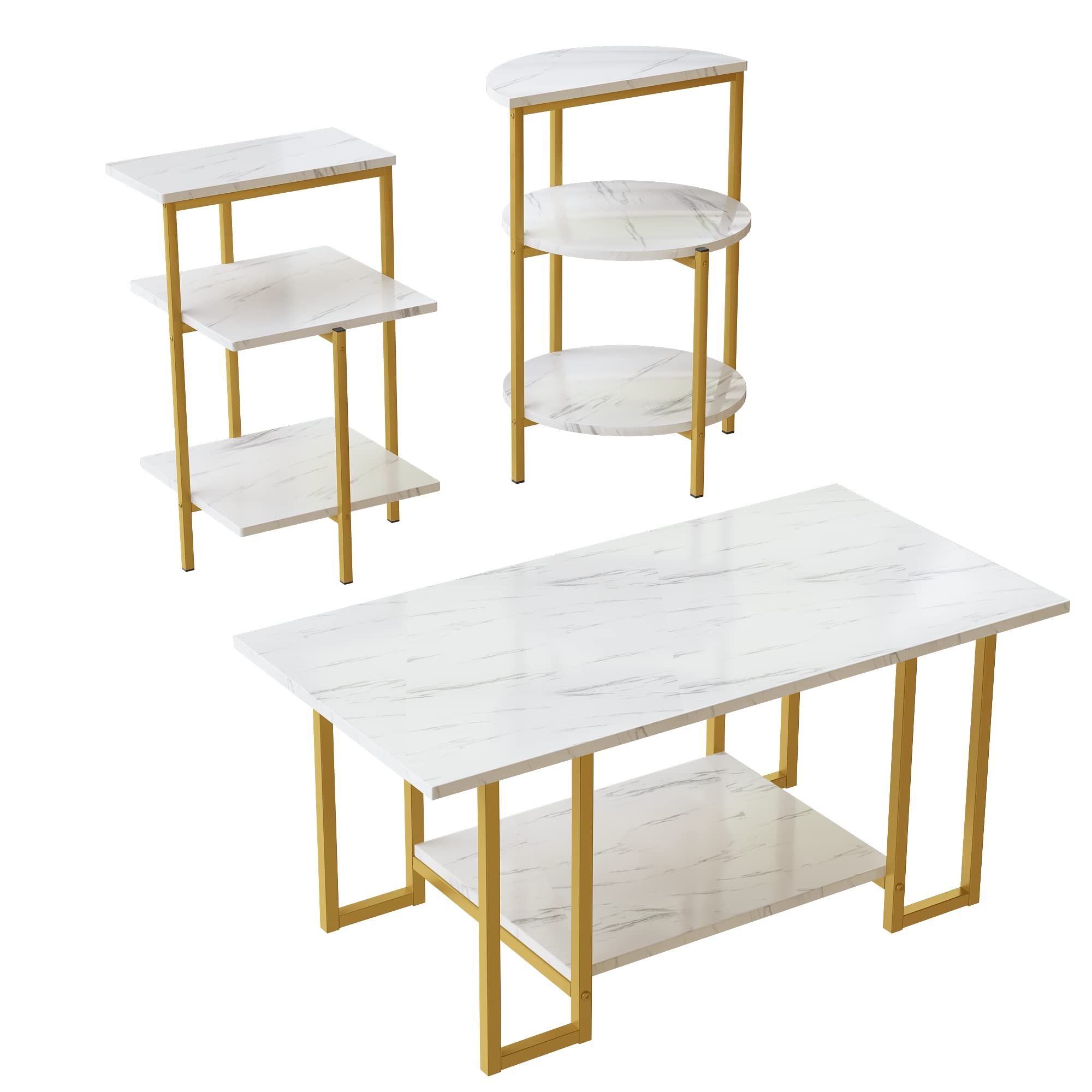 Premium Faux Marble Coffee Table Set with 2 End Tables - Modern 3-Piece Living Room Furniture with Storage Shelves & Sturdy Metal Frame, White & Gold Finish | Space-Saving Design for Apartments & Small Spaces | Perfect for Entertaining, Relaxing & Home Decor