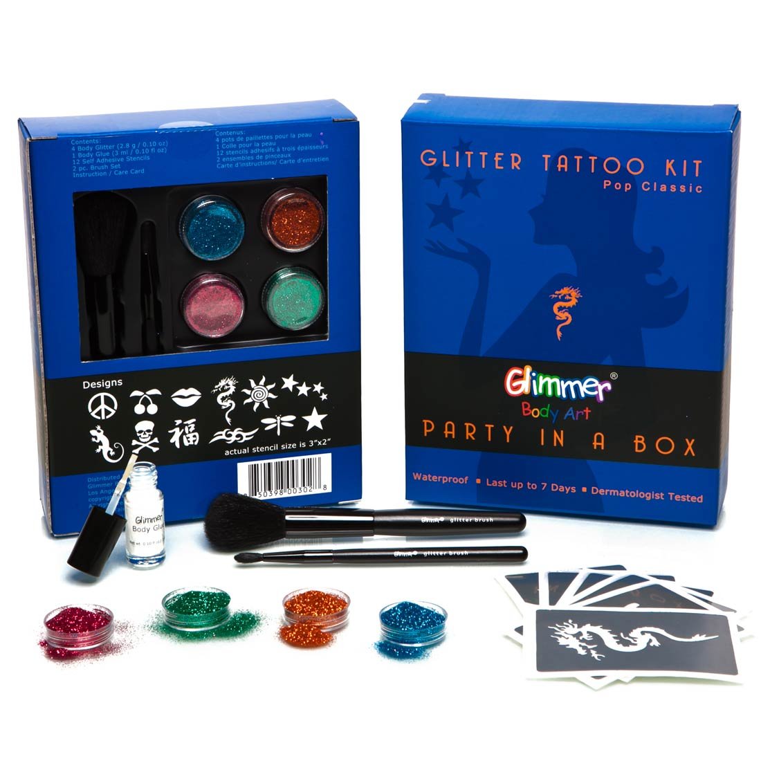 Pop Classic Party in a Box Glitter Tattoos Kit - Fun Temporary Body Art for Kids & Adults - Perfect for Birthday Parties, Festivals & Costume Events