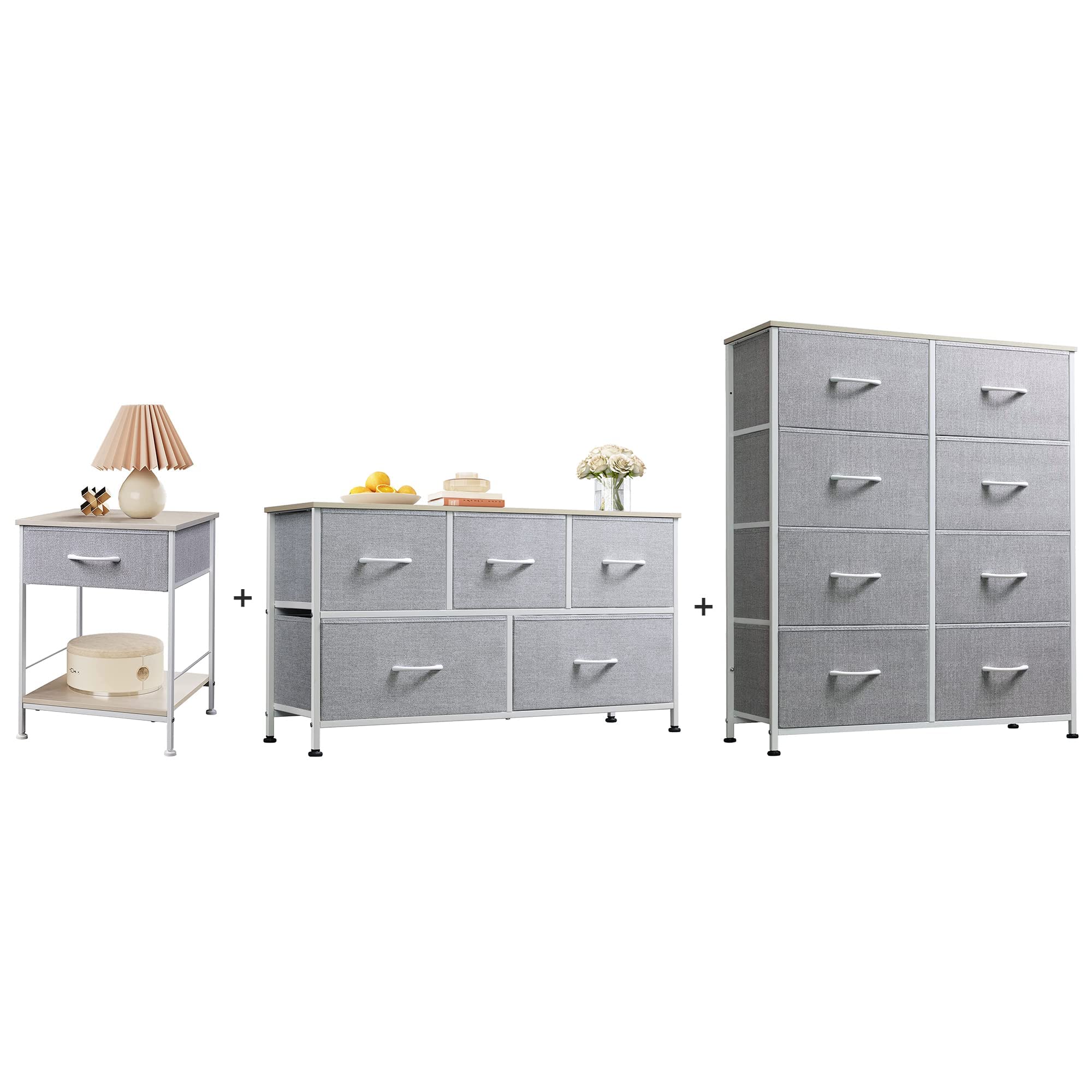 WLIVE 5-Piece Fabric Storage Set - 1-Drawer Nightstand, 5-Drawer Dresser & 8-Drawer Dresser with Textured Bins | Bedroom, Nursery & Closet Organizer | Steel Frame Storage Tower for Clothes, Toys & Home Organization