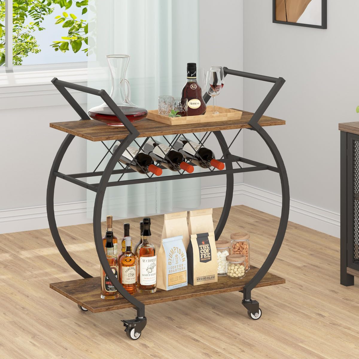 LVB Industrial Kitchen Bar Cart with Wheels - Farmhouse Style Wood & Metal Rolling Beverage Serving Cart with Storage Shelf - Rustic Brown Drink Cart for Home, Living Room, Dining Room - Perfect for Wine Storage, Cocktail Parties & Microwave Placement