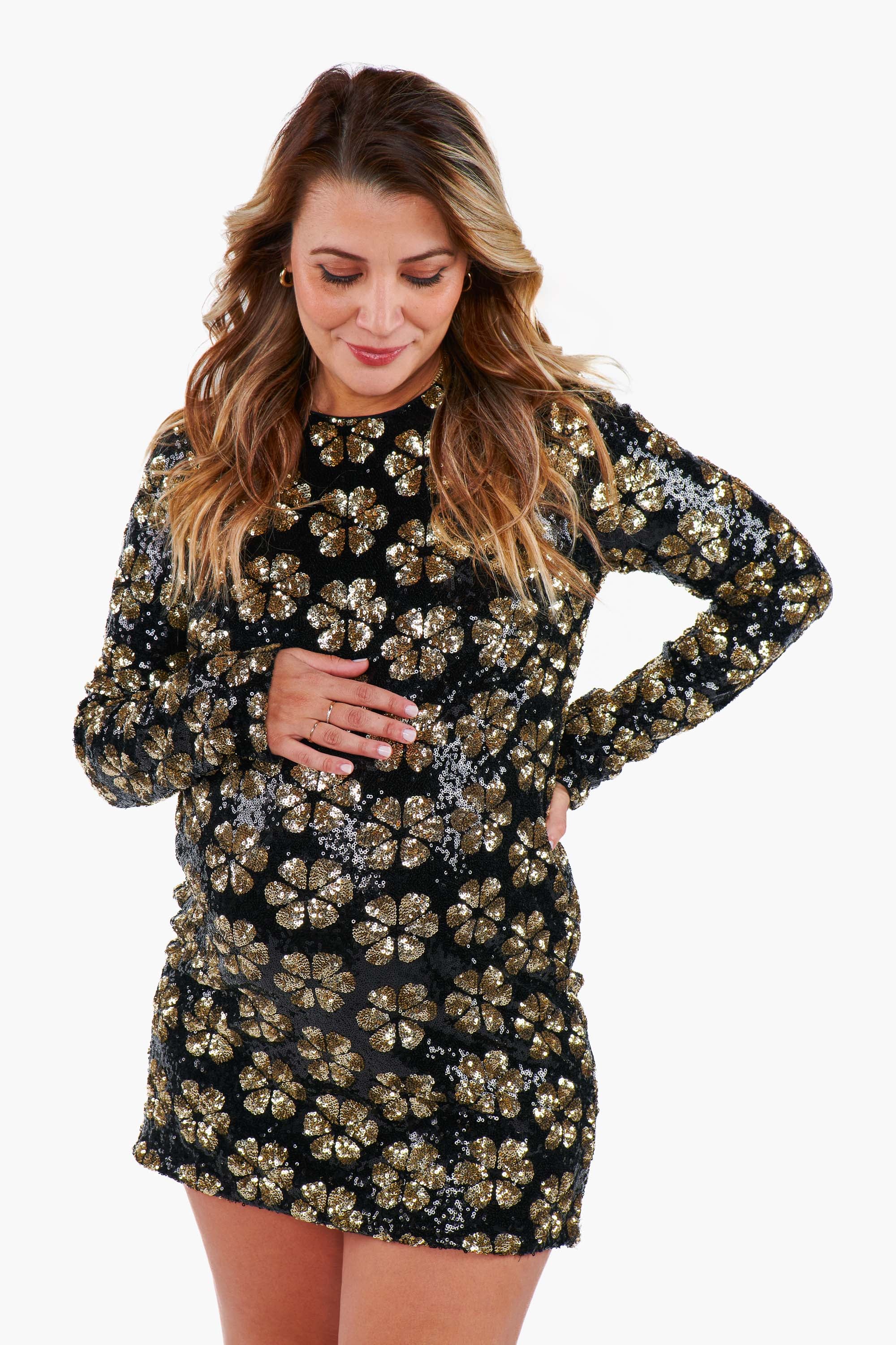 Maddison Mini Dress with Gold Sequins & Floral Print - Elegant Party Wear for Women | Perfect for Cocktail Parties, Weddings & Night Out