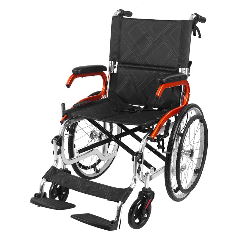 Ultra-Light Portable Folding Wheelchair with Handbrake - 20 Inch Wheels Aluminum Manual Wheelchair for Seniors & Adults - Indoor/Outdoor Use for Travel, Shopping & Daily Mobility