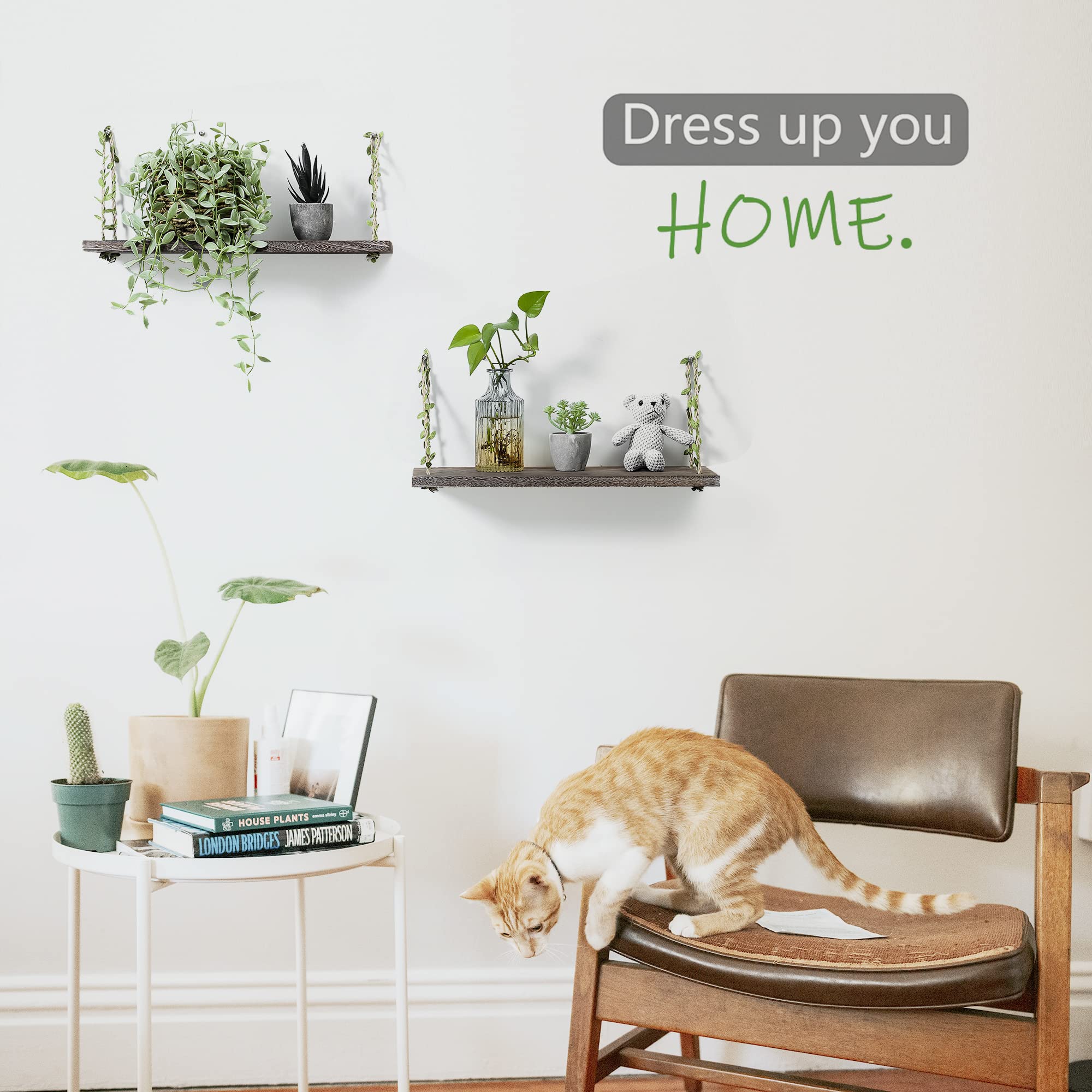 MITIME Leaf Rope Hanging Floating Shelves - 2-Pack Retro Wall Swing Storage Shelves for Home Decor, Bedroom, Bathroom & Living Room Organization