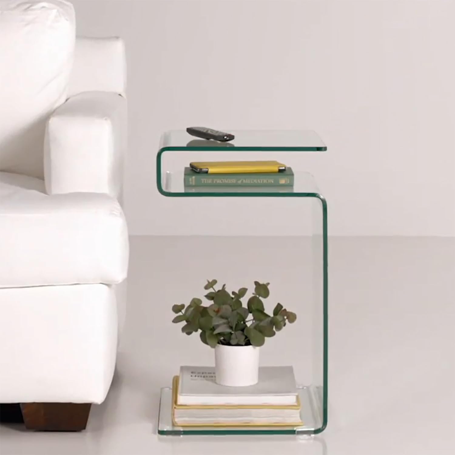 Modern S-Shaped Nightstand with Glass Top & Storage Shelves - Stylish Bedside Table for Bedroom, Compact End Table for Living Room - Perfect for Small Spaces, Apartments & Dorm Rooms