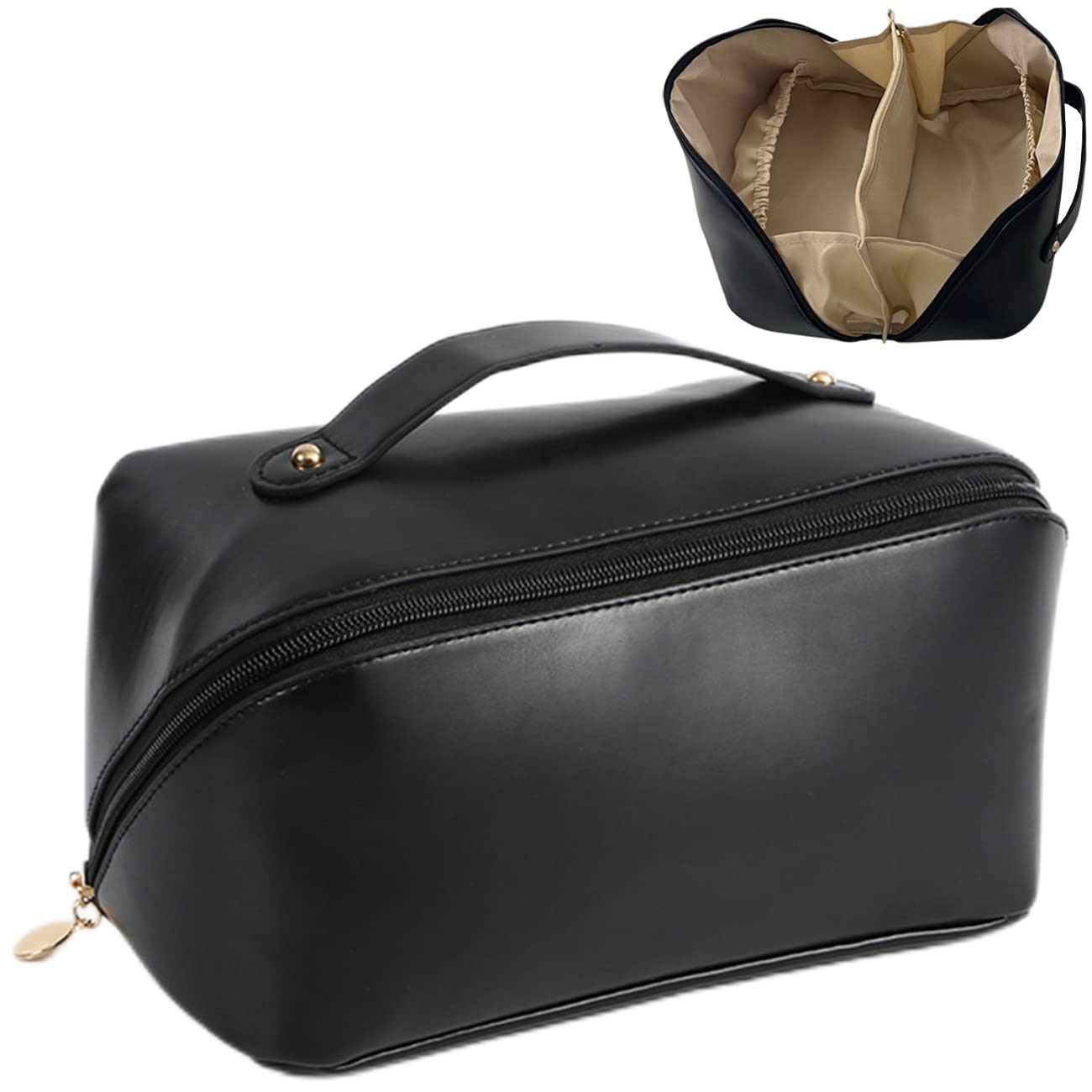Large Capacity Waterproof Leather Travel Cosmetic Bag for Women - Portable Makeup & Skincare Organizer, Toiletry Bag for Cosmetics, Brushes & Essentials - Perfect for Travel, Gym & Daily Use (Black)