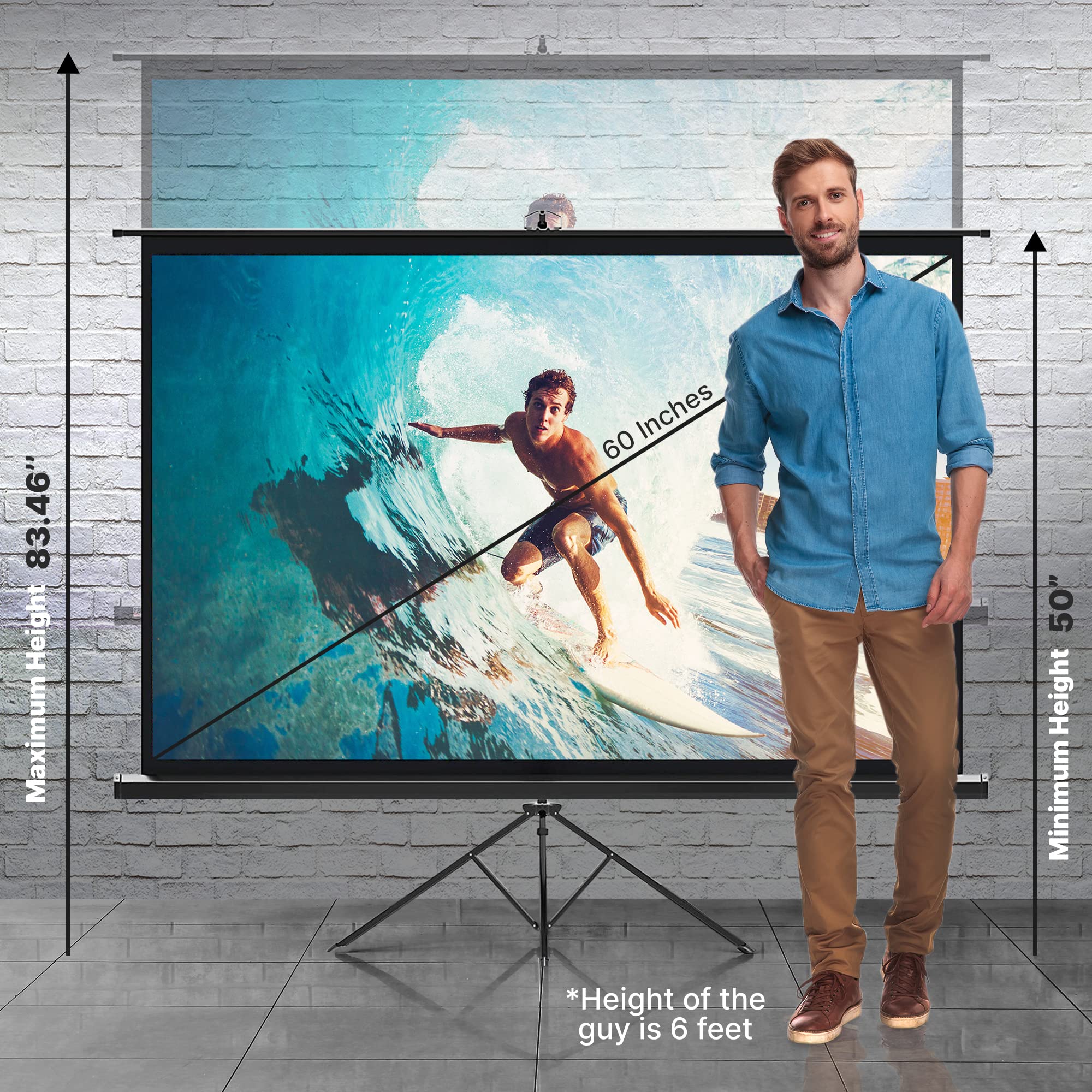 Pyle 60-Inch Universal Projector Screen with Stand - Portable Foldable Floor Standing Matte White Projection Screen for Indoor/Outdoor Presentations, Includes Tripod & Quick Assembly - Perfect for Home Theater, Business Meetings, Classroom Teaching and Backyard Movie Nights