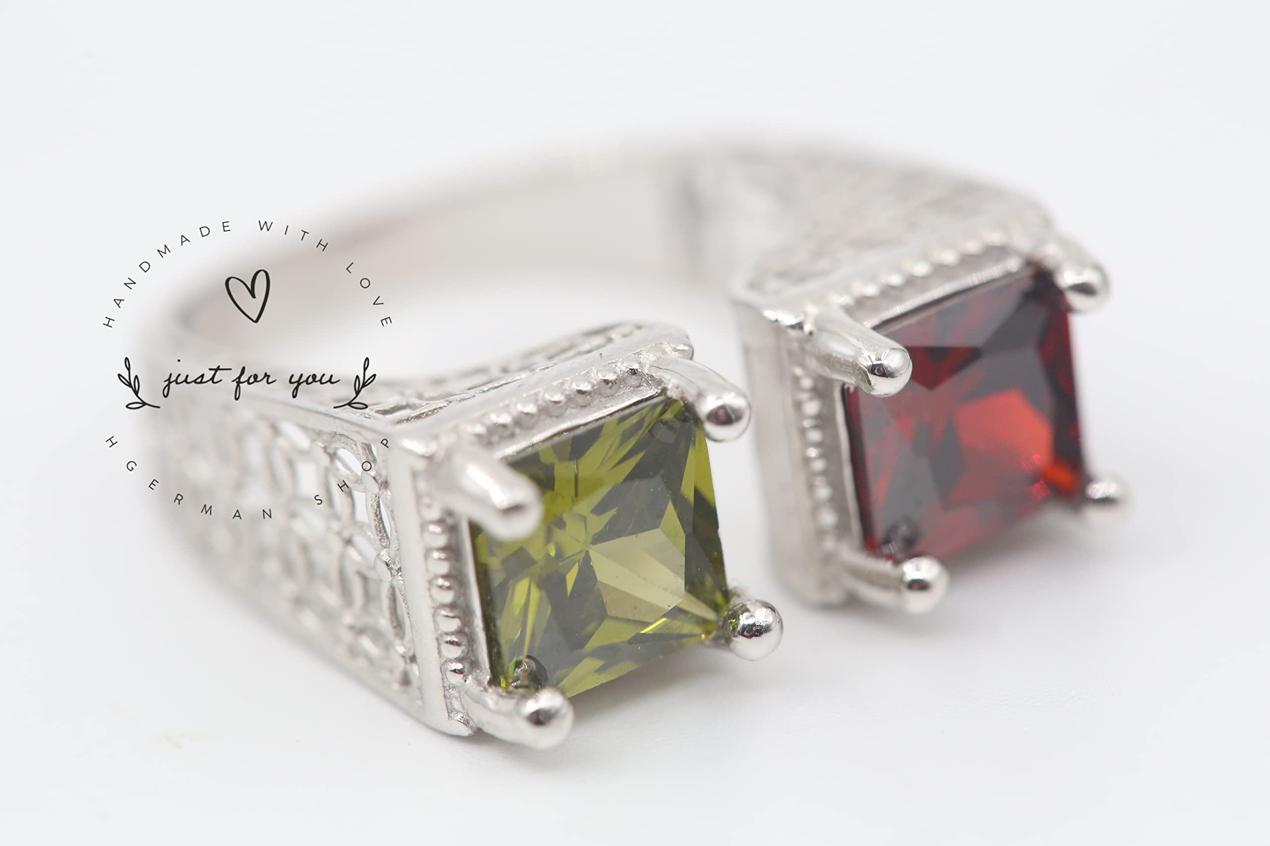 Exquisite Square Cut Ruby & Olive Green Sterling Silver Reversible Ring - Handmade Two-Sided Jewelry for Women | Unique 2 Stone Ring Gift for Her | Perfect for Date Nights, Anniversaries & Special Occasions