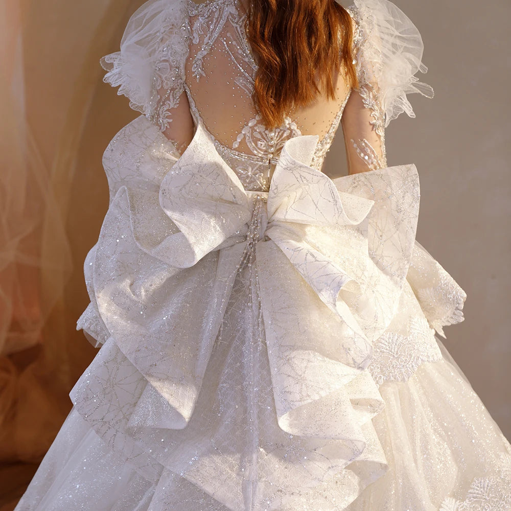 Elegant O-Neck Long Sleeve Wedding Gown with Tiered Bow & Sequins - Perfect for Bridal Ceremonies, Vow Renewals, and Formal Events