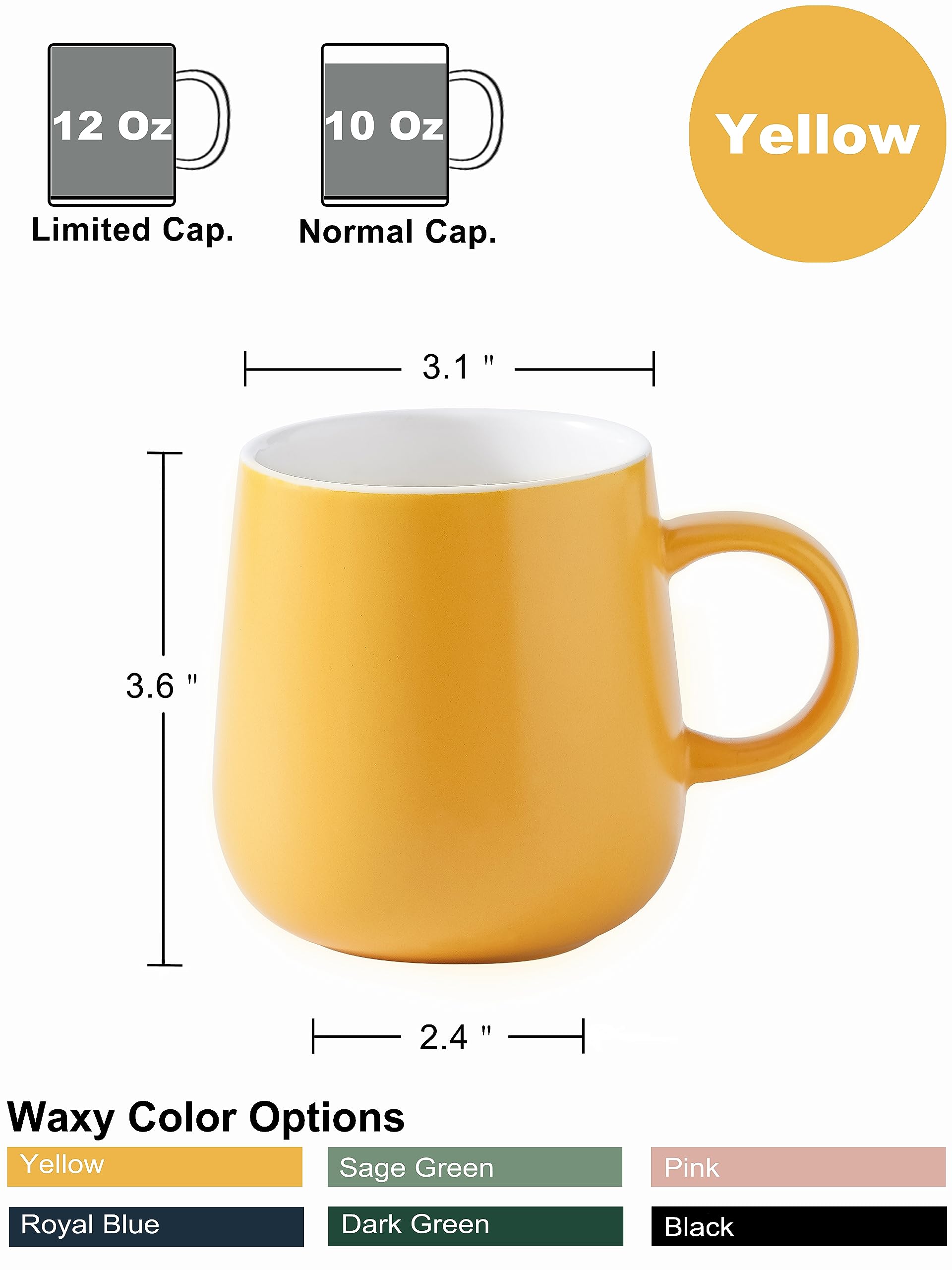12 Oz Ceramic Coffee Mugs Set of 2 - Waxy Yellow Solid Color Tea Cups for Home, Office & Cafe Use - Durable Dishwasher Safe Drinking Mugs for Coffee, Tea & Hot Beverages