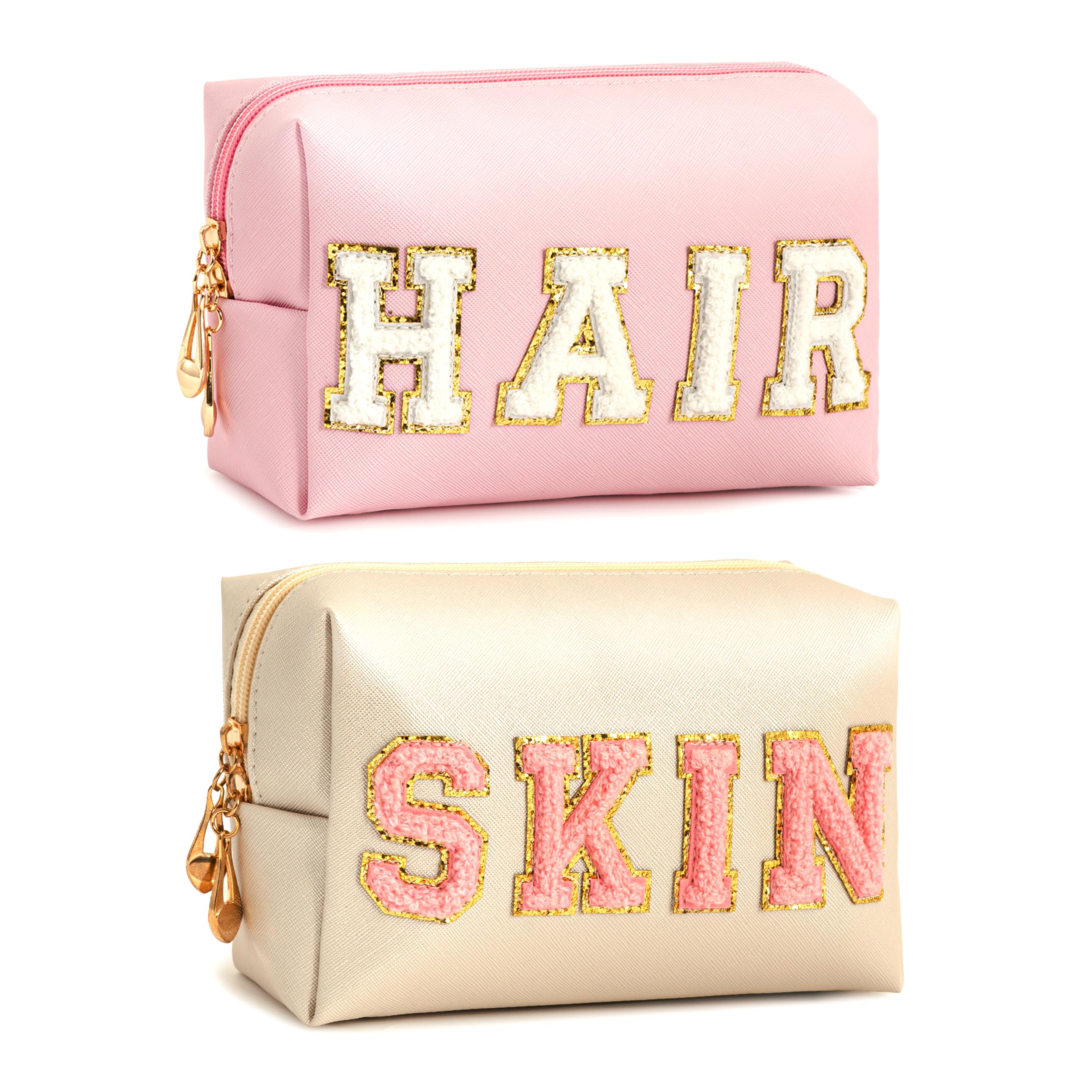 Preppy Makeup Bag 2PCS - PU Leather Waterproof Toiletry Pouch for Women Travel & Daily Use