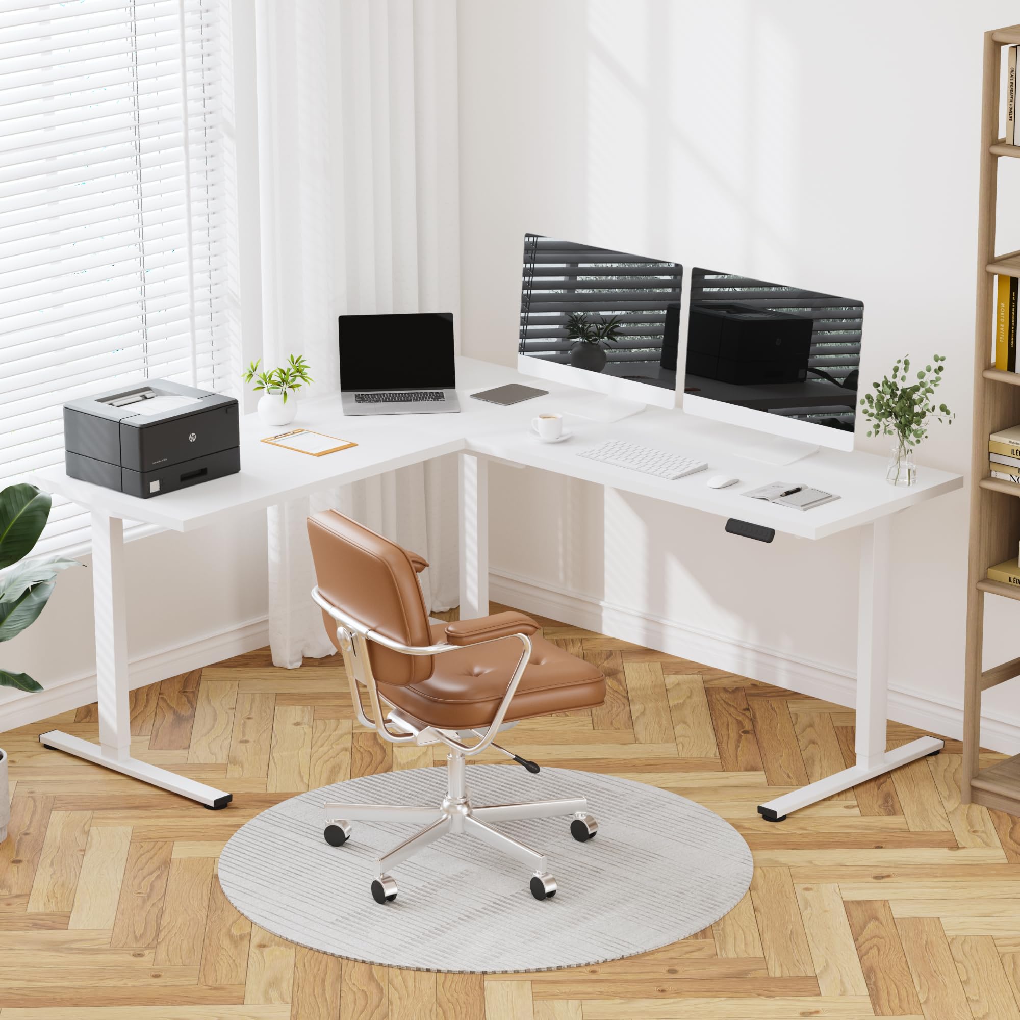 SANODESK Electric L-Shaped Standing Desk with Adjustable Height - 71 x 63 Inch Corner Computer Desk with Splice Board, White - Perfect for Home Office, Gaming Setup & Workspace Ergonomics