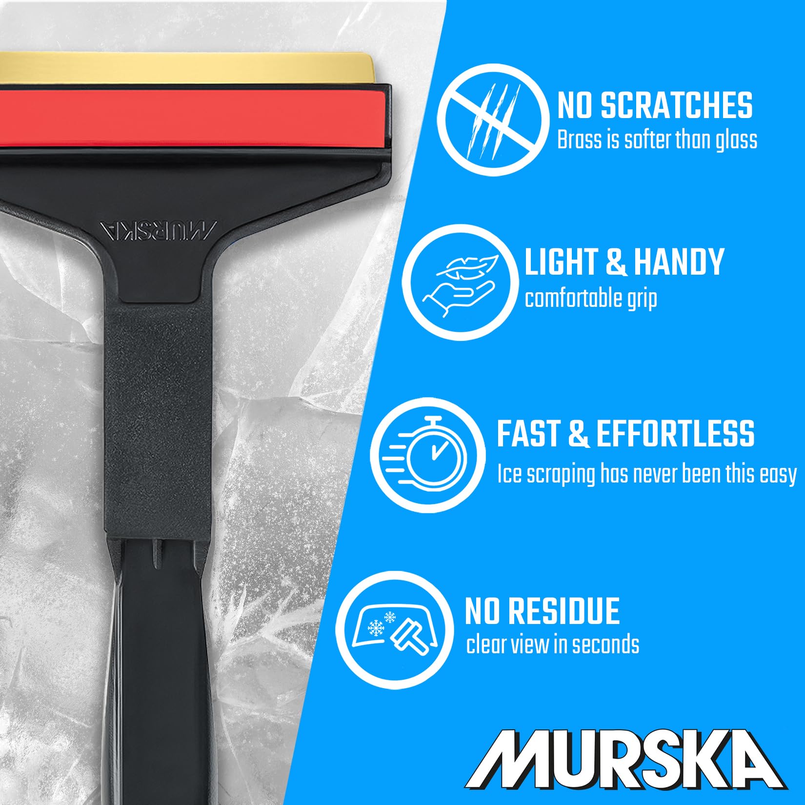 Premium 14.5 Inch Car Ice Scraper with Brass Blade & Long Handle - Heavy Duty Snow Scraper for Windshield - Original Murska European Design (Black & Red) - Perfect for Winter Car Care & Frozen Windshield Removal
