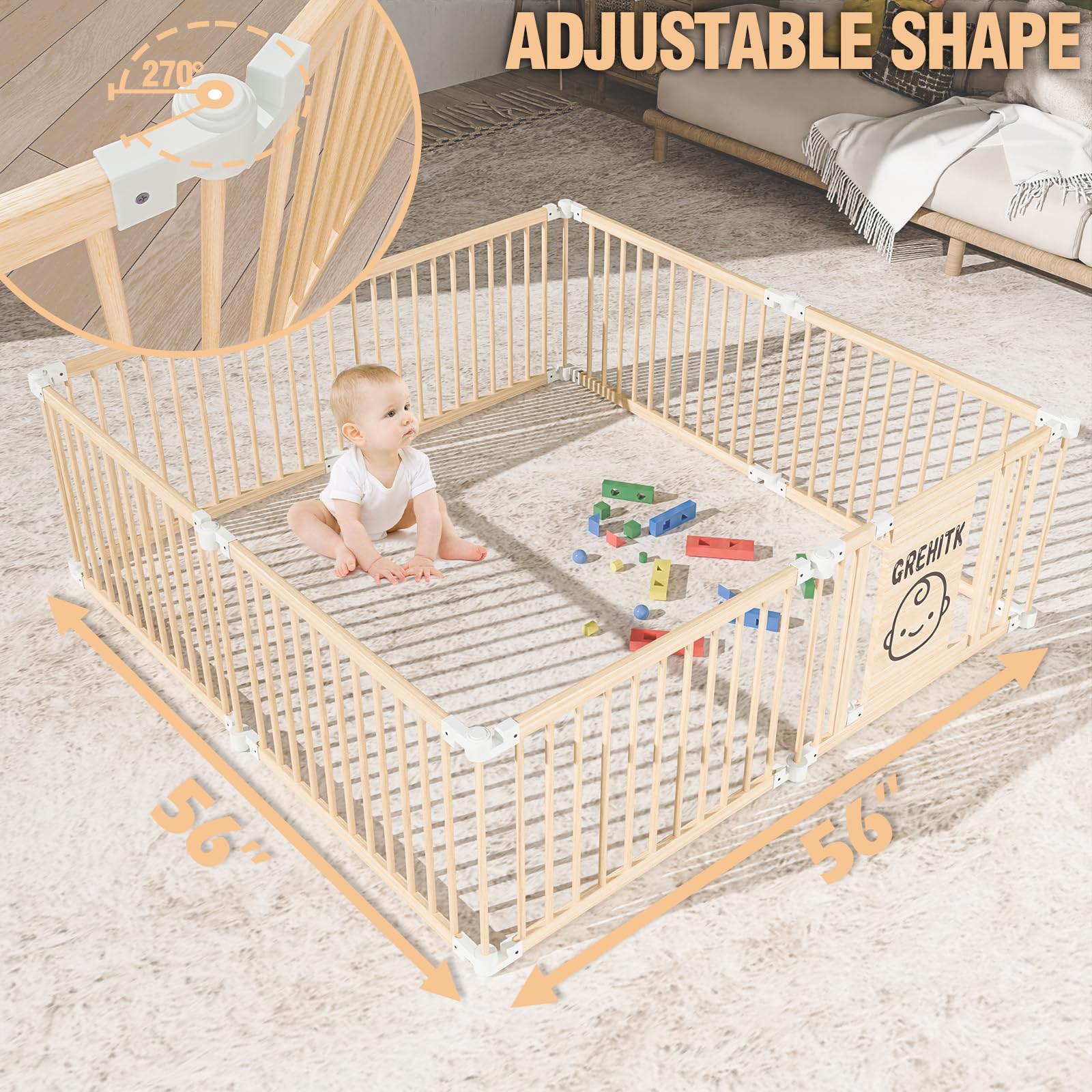 Foldable Wooden Baby Playpen with Locking Door - Adjustable Shape & Size Safety Play Yard for Babies & Toddlers - Perfect for Indoor Play Areas, Daycare Centers & Home Childproofing