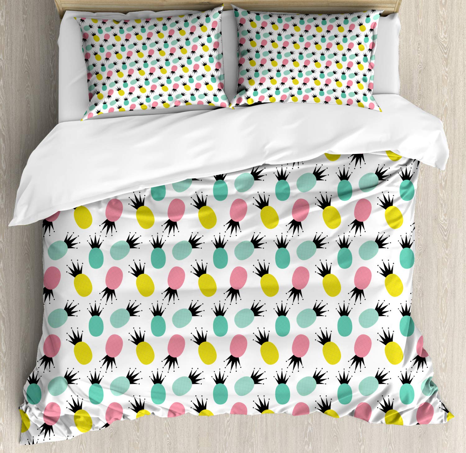Ambesonne Hawaii Duvet Cover Set King Size - Colorful Pineapple & Abstract Rhombus Pattern 3-Piece Bedding Set with 2 Pillow Shams in Pale Teal Pink | Tropical Beach Themed Bedroom Decor for Summer, Vacation Homes & Boho Chic Style