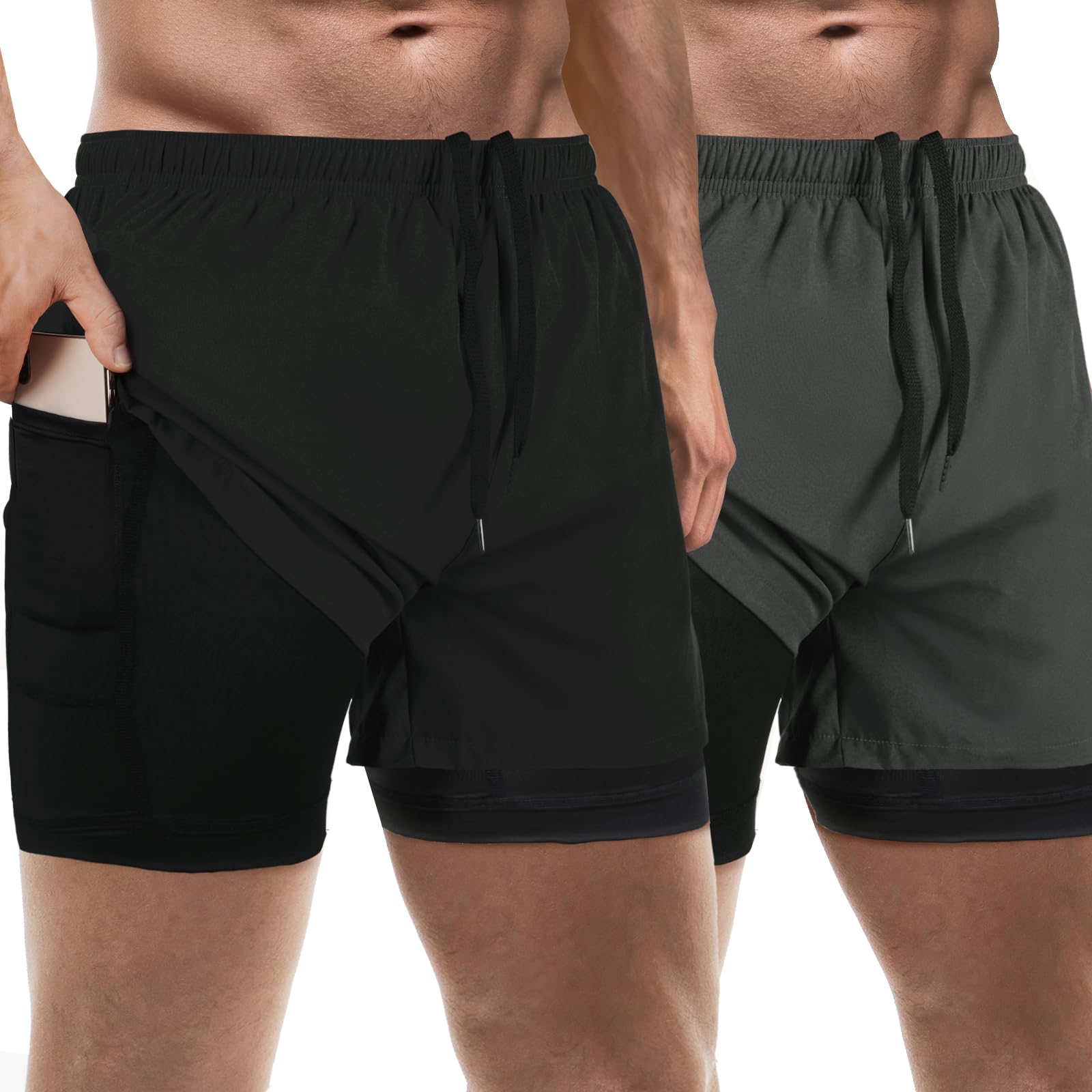 FUNARTY 2 Pack Men's 2-in-1 Running Shorts with Liner - 7 Inch Inseam Gym Workout Shorts for Men with Zip Pockets - Perfect for Jogging, Training & Outdoor Sports