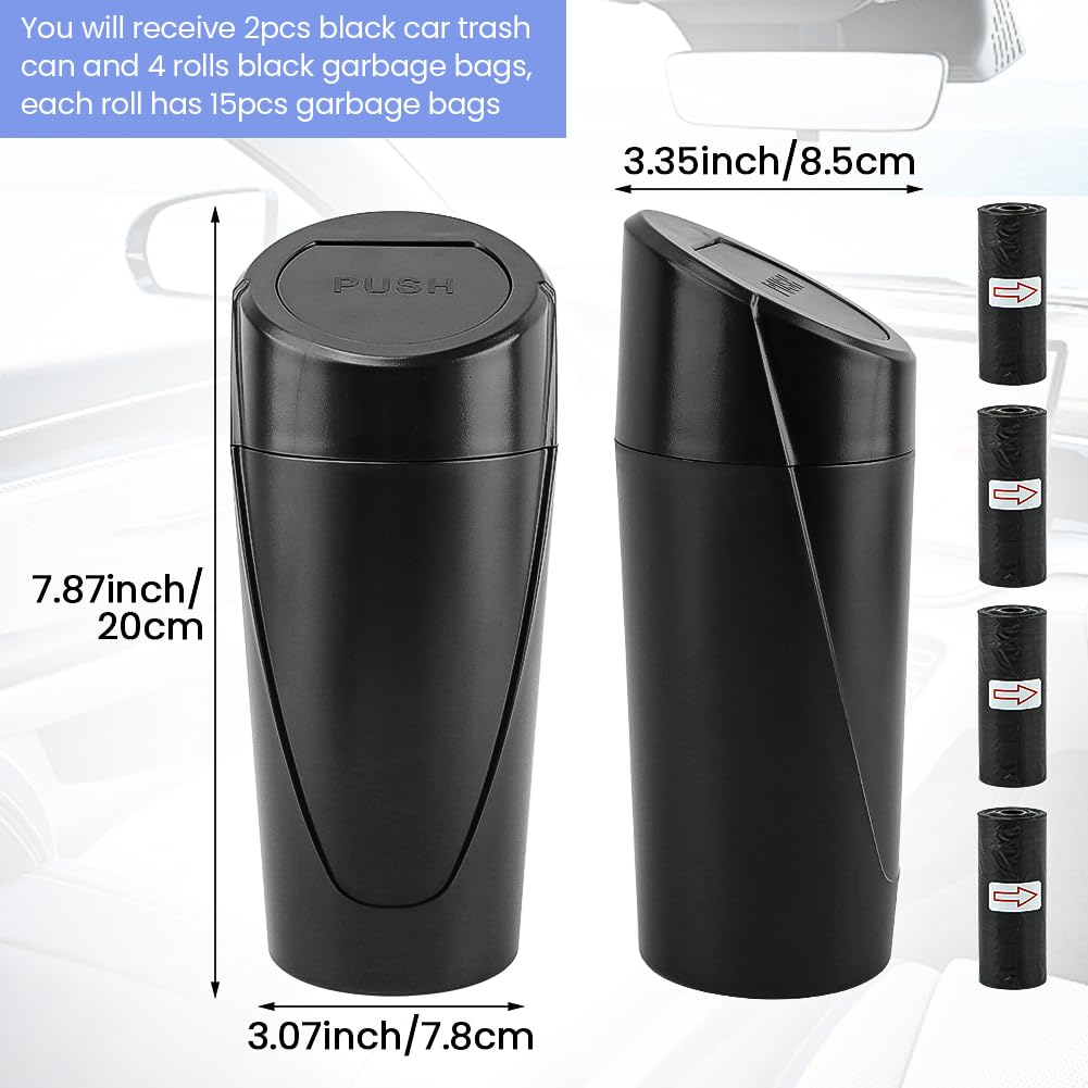2 Pack Car Trash Can with Lid - Leakproof Mini Vehicle Garbage Bin for Cup Holder | Includes 60 Trash Bags | Car Organizer for Front & Back Seats (Black) | Perfect for Road Trips, Commuting & Family Travel