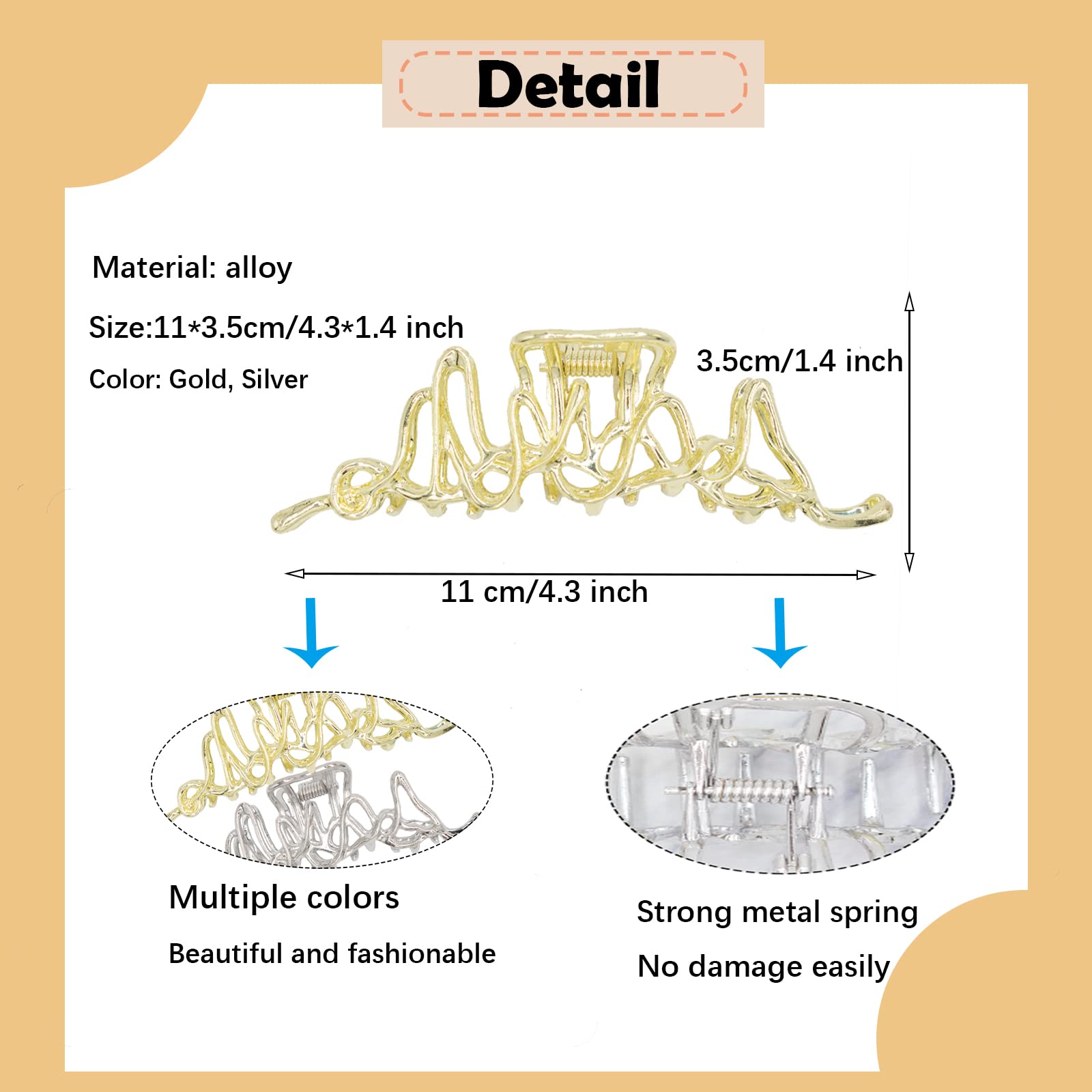 4.3 Inch Gold & Silver Metal Hair Claw Clips for Women - Large Alligator Hair Barrettes Jaw Clips for Thick & Curly Hair - Perfect for Updos, Ponytails & Everyday Hairstyles