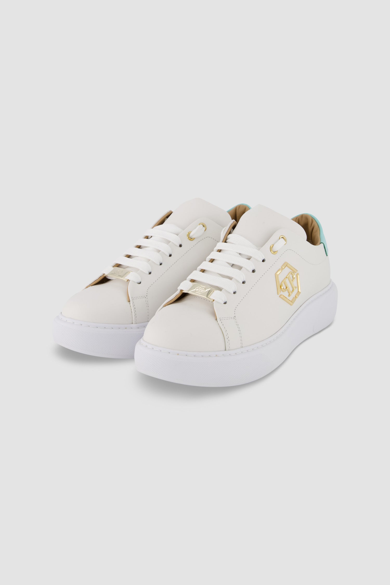 Philipp Plein White and Blue Hexagon Lo Top Sneakers for Men - Stylish Casual Shoes for Streetwear and Everyday Fashion