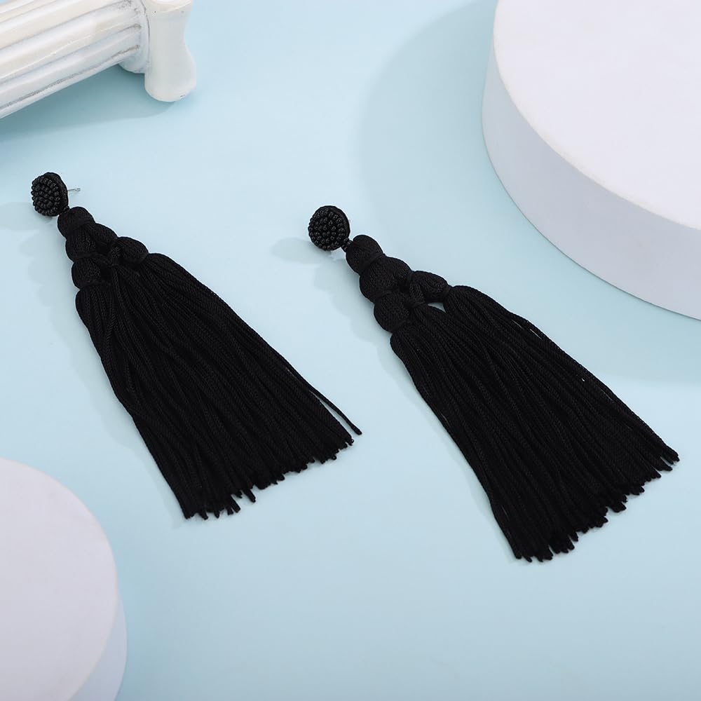 Denifery Boho Large Extra Long Tassel Layered Dangle Earrings - Vintage Handmade Knot Fringe Chandelier Statement Drop Earrings for Women (Black) | Perfect for Summer, Beach, Parties, and Boho Fashion Outfits